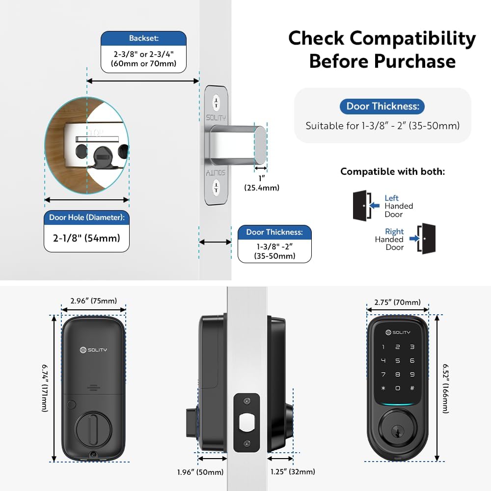 No-Hub Smart Digital Door Lock, Designed in Korea, Keyless Entry, Wi-Fi, Remote Control, Touchscreen Keypad, Auto Lock, IP54 Waterproof, Matt Black