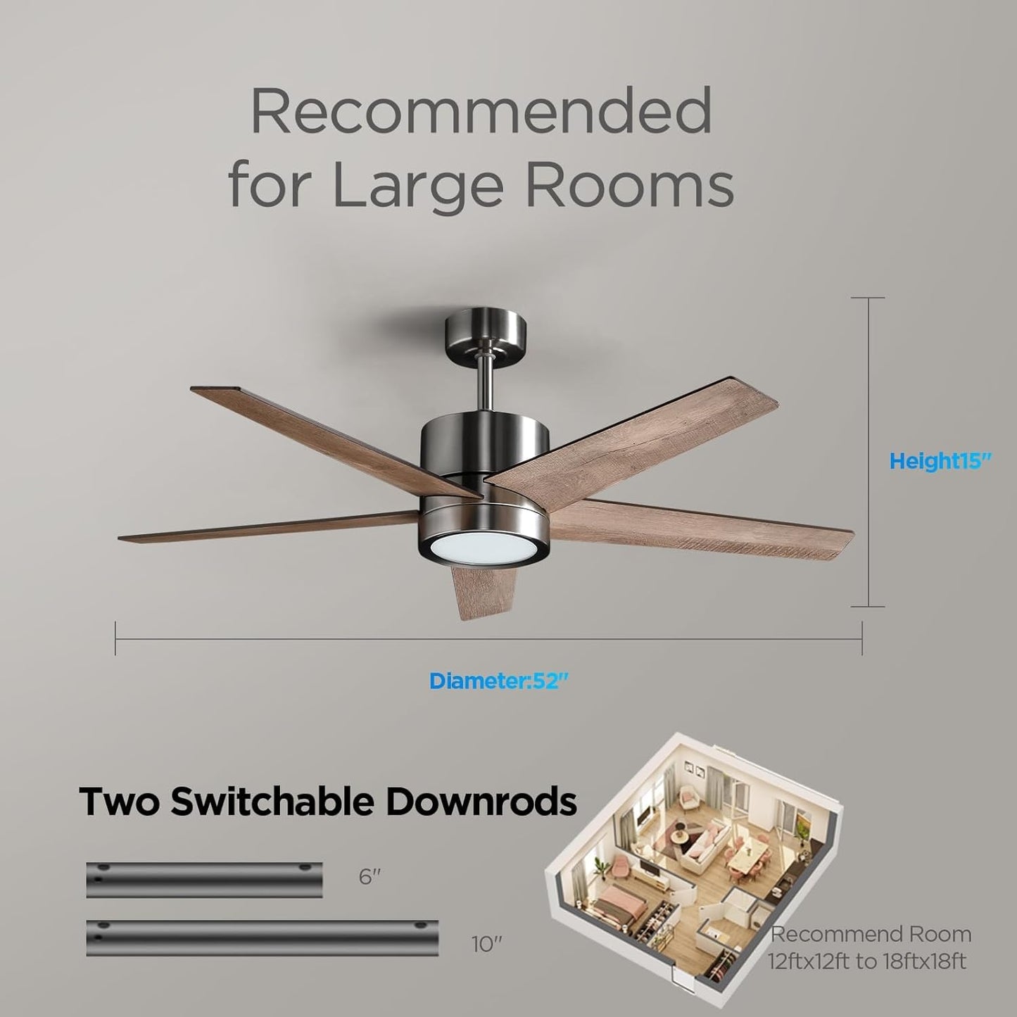 Ceiling Fan 52' with Light: Modern Remote Control Fans Downrod Mounted - Quiet Reversible DC Motor