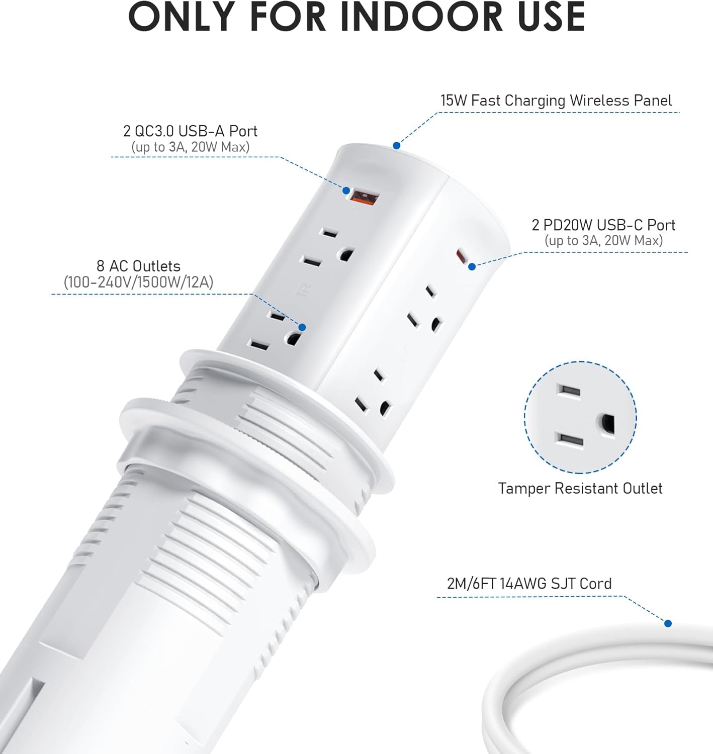 Pop Up Counter-top Outlet with 4 USB Ports 15W Wireless Charger, Max 20W,