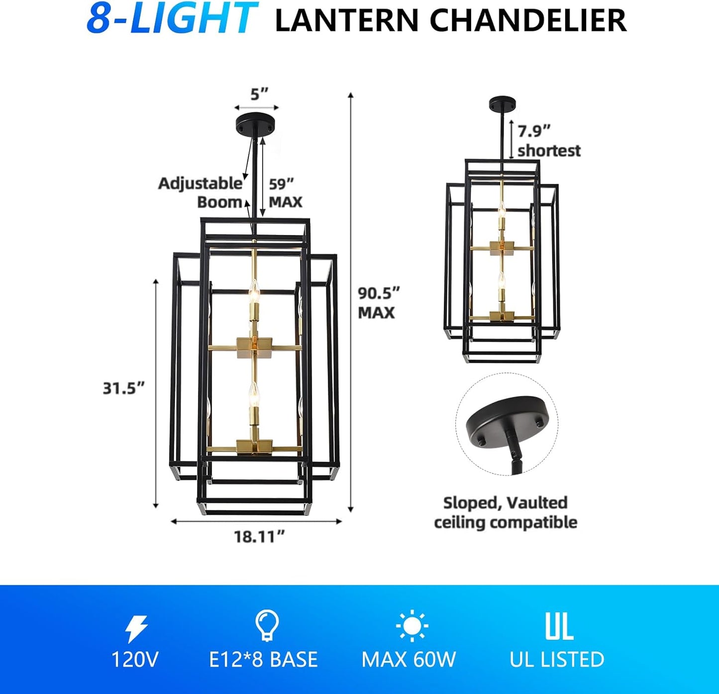 8-Light Lantern Chandelier Lighting Fixtures Entry Chandelier Industrial Farmhouse Hanging Chandelier for Dining Room Foyer Living Room Staircase