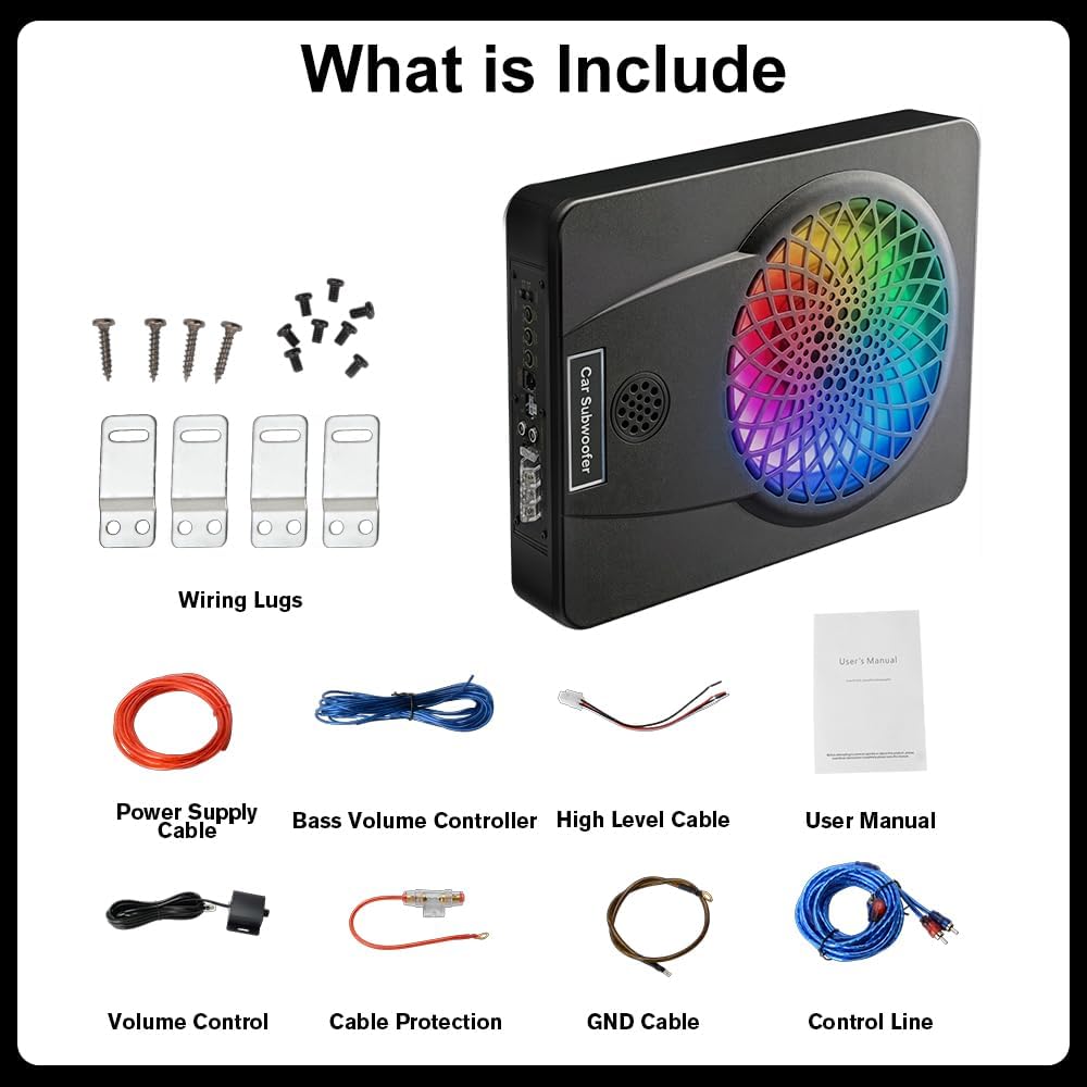 litillbuly 1200W 10'' Car Subwoofer Ultra-Thin Underseat Subs AMP Package | High/Low Level Inputs, Colorful LED Breathing Light Remote Control Enhanced Bass for Truck/SUV/Car/Jeep/MPV