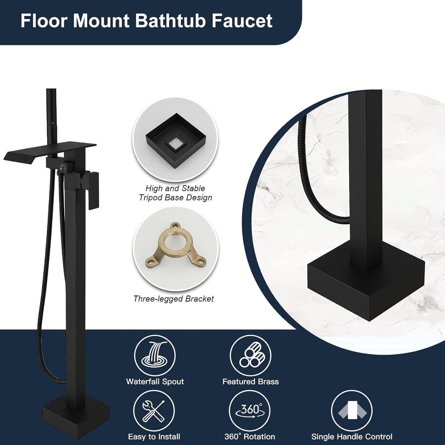 Kroias Matte Black Freestanding Waterfall Bathtub Faucet High Flow Standing Tub Filler Floor Mount Brass Stand Bathtub Filler Single Handle Bathroom