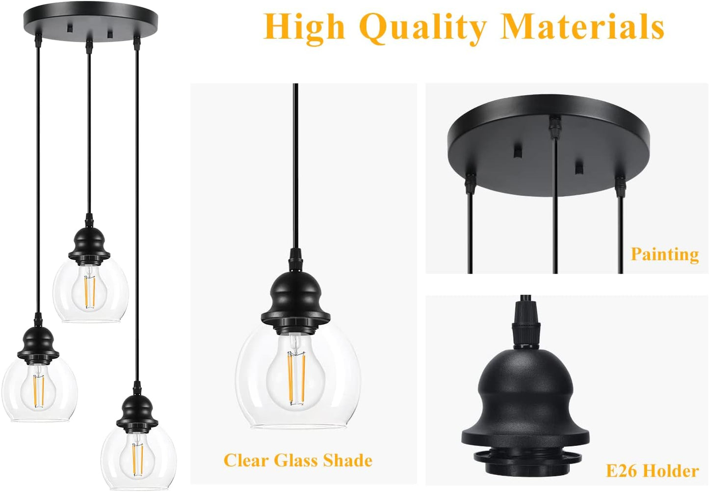 Modern 3-Light Pendant Light Fixtures, Industrial Hanging Ceiling Lamp With Clear Glass Shade, vintage Black Pendant lighting for Kitchen Island