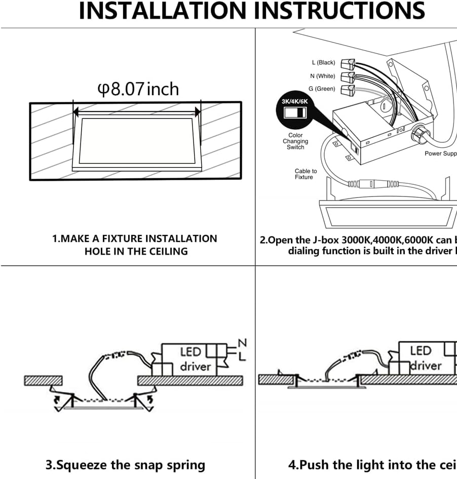 QIBANG 4 Pack 8 Inch Square LED Recessed Lighting Dimmable with Junction Box, 3CCT 3000K-6000K Selectable, Ultra-Thin LED Recessed Downlight Fixtures