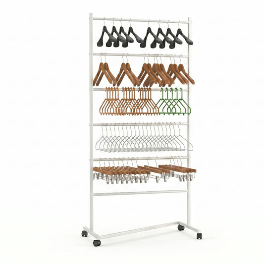 6 Tier Z-Truck Clothing Hanger Storage System, Efficiently Organize Standard Hangers, Skirt and Pant Hangers; Mobile Rack for malls, boutiques, Laundry Rooms; White, 61 x 30 x 15 in.