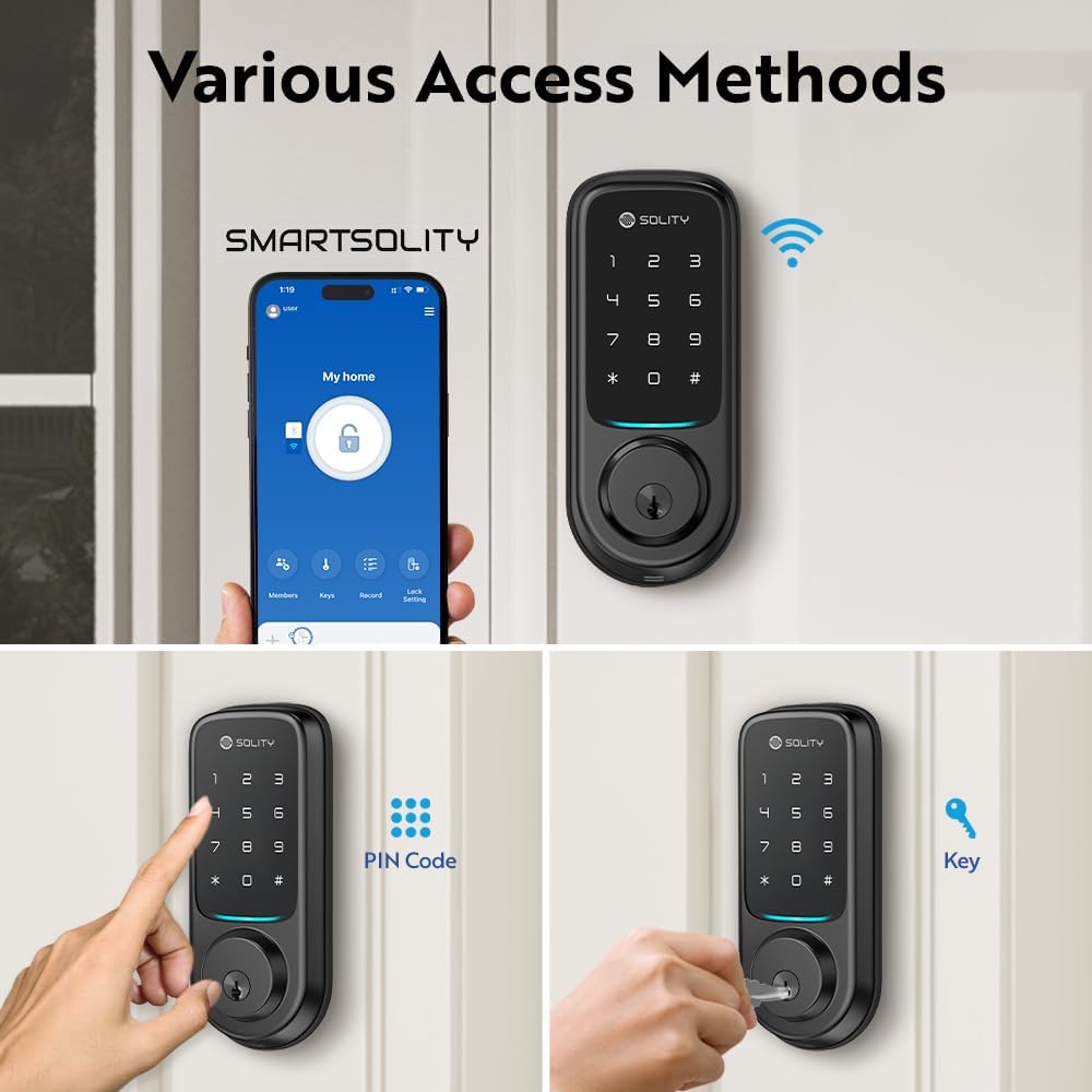 No-Hub Smart Digital Door Lock, Designed in Korea, Keyless Entry, Wi-Fi, Remote Control, Touchscreen Keypad, Auto Lock, IP54 Waterproof, Matt Black