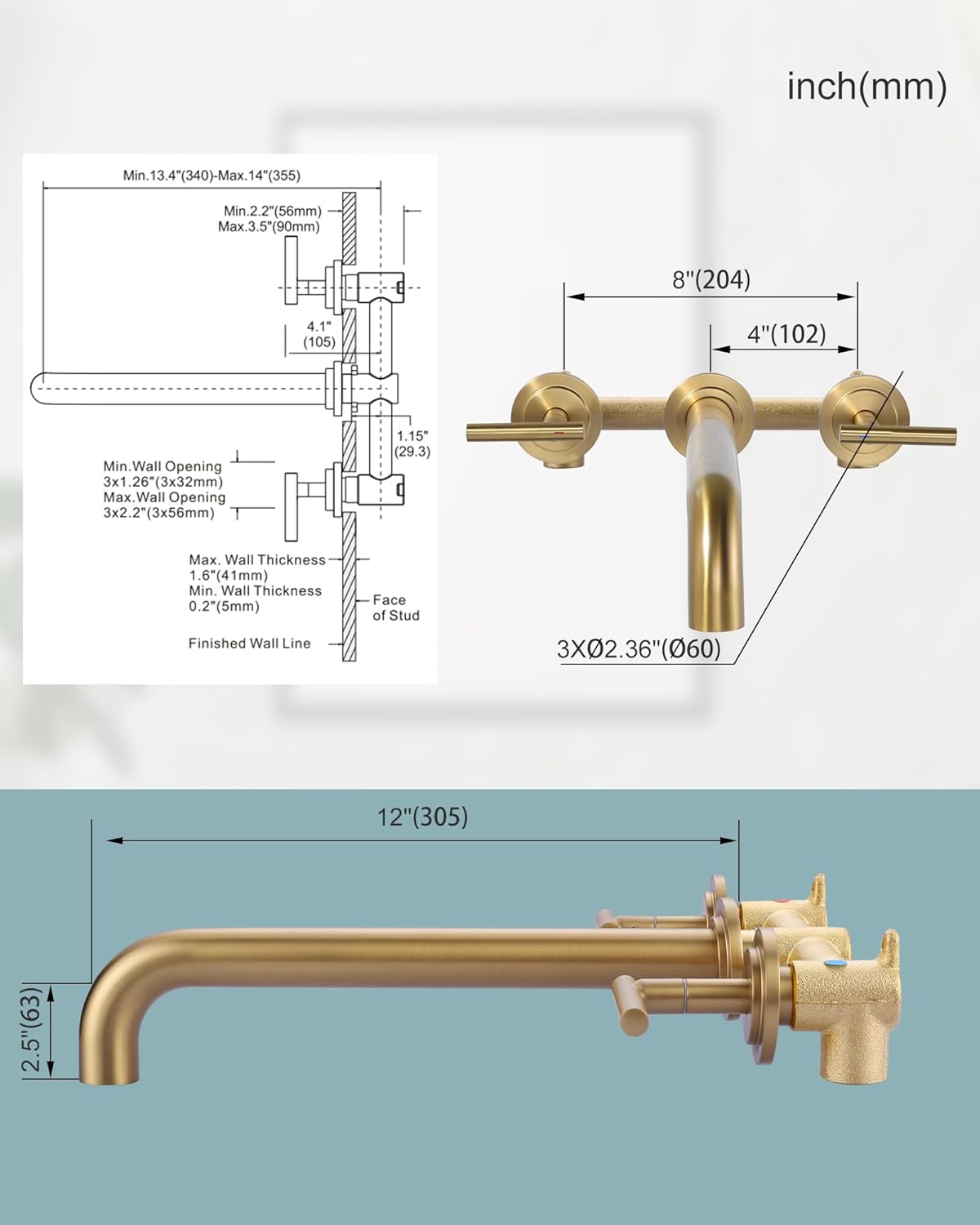 Wall Mount Tub Filler: Gold Tub Faucet High Flow Two Handles Solid Brass, Long Spout Reach with Brass Rough in Valve Included