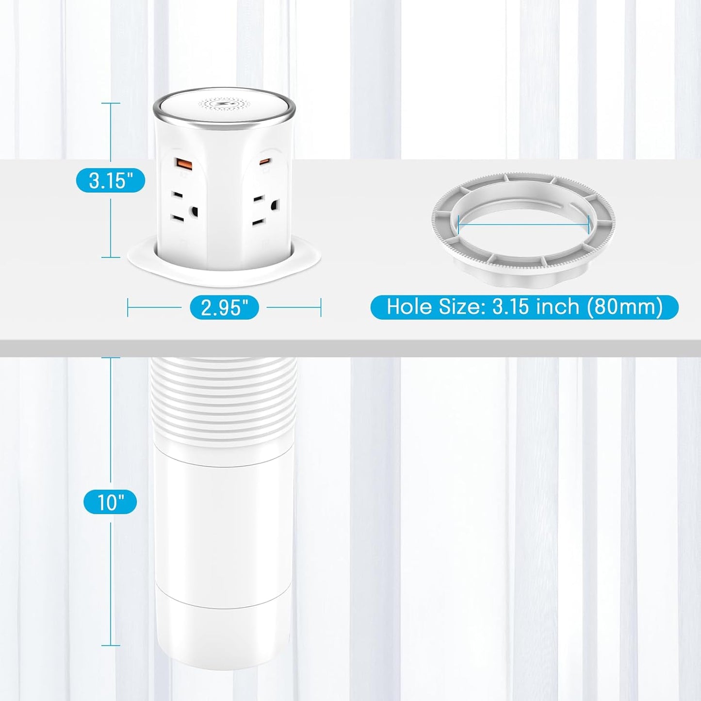 3.15in Pop Up Countertop Outlet with 15W Wireless Charger, Max 20W USB Power Delivery 15A Tamper Resistant, Desktop Mount