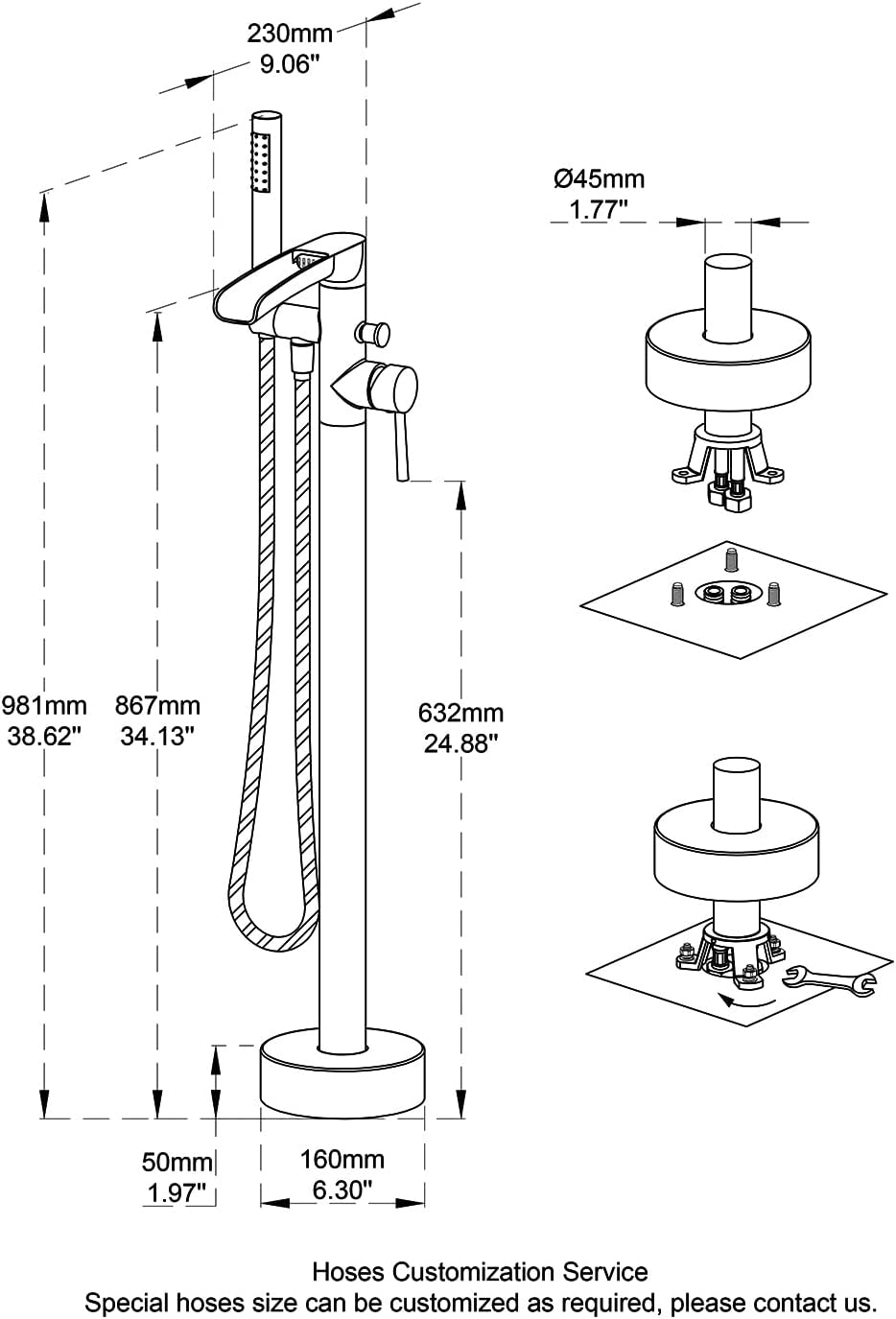 Wowkk Waterfall Freestanding Bathtub Faucet Oil Rubbed Bronze Floor Mount Tub Filler Brass Single Handle Bathroom Faucets with Hand Shower (Oil