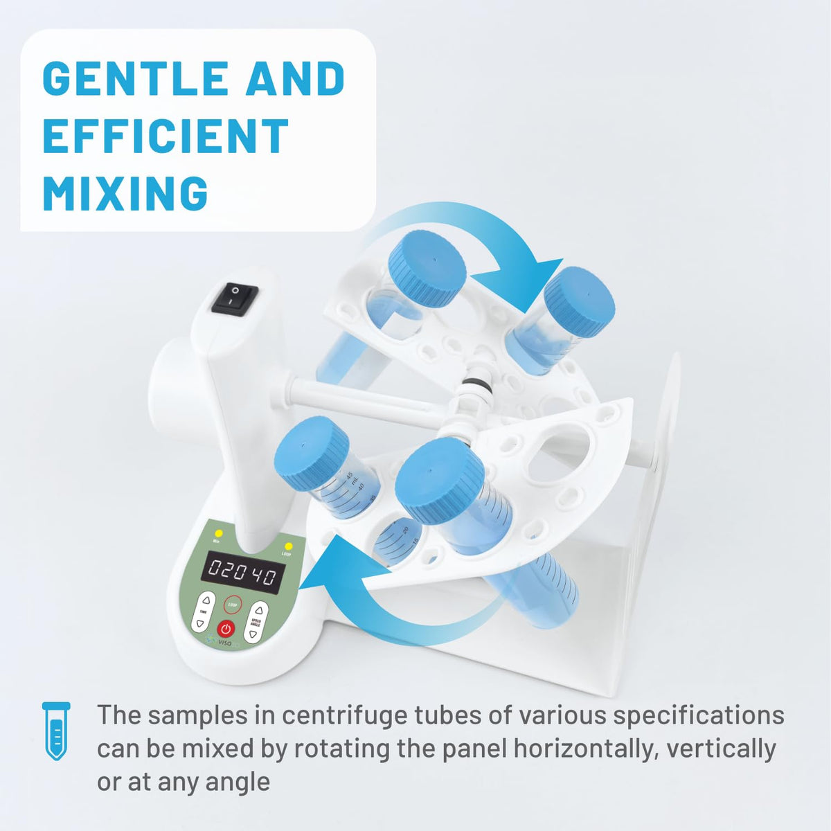 3D Mini Tube Rotator, Adjustable 10-40RPM Lab Tube Mixer with 3 Mixing Modes, Multi-Angle Rotation 20°-99°, Fits 0.5/1.5/2/5/7/10/15/50ml Centrifuge Tubes, Compact Rotating Mixer for Laboratory Use