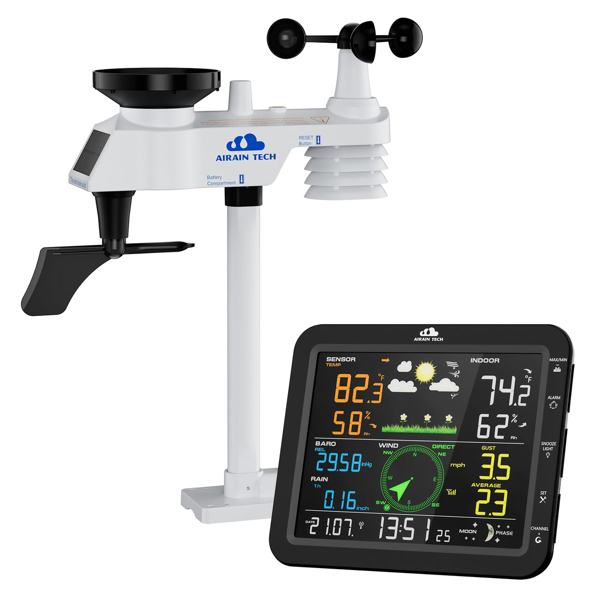 Wireless Weather Station – with Outdoor Sensor, Rain Gauge, Wind Speed/Direction, Moon Phase, Barometer, Indoor/Outdoor Temp & Humidity, Weather Forecast (No WiFi)