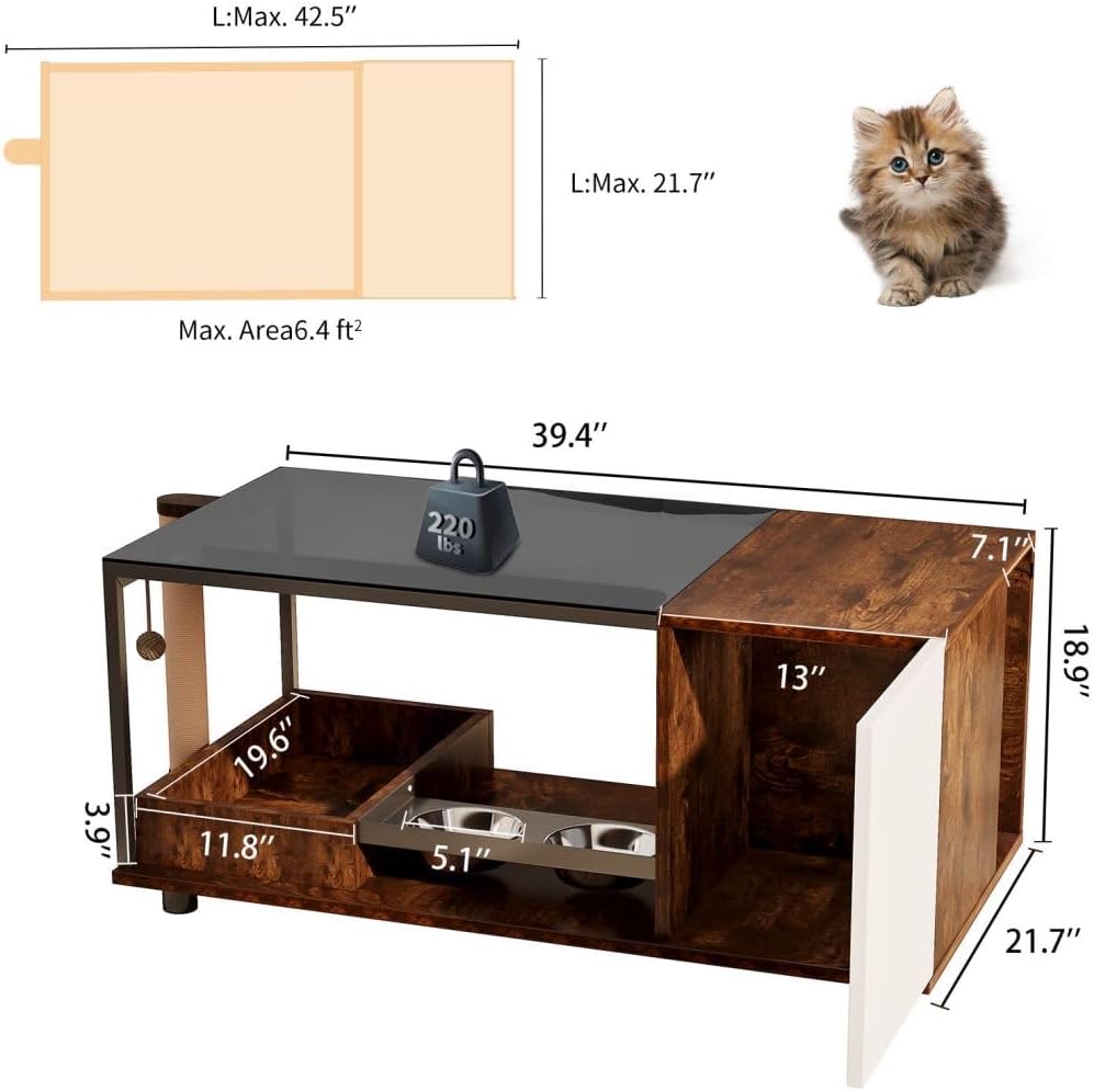 Glass Coffee Table with Cat Scratching&nbsp;Post,Wooden Coffee Table with Cat Condo,Small Coffee Tables for Living Room,Rustic Coffe