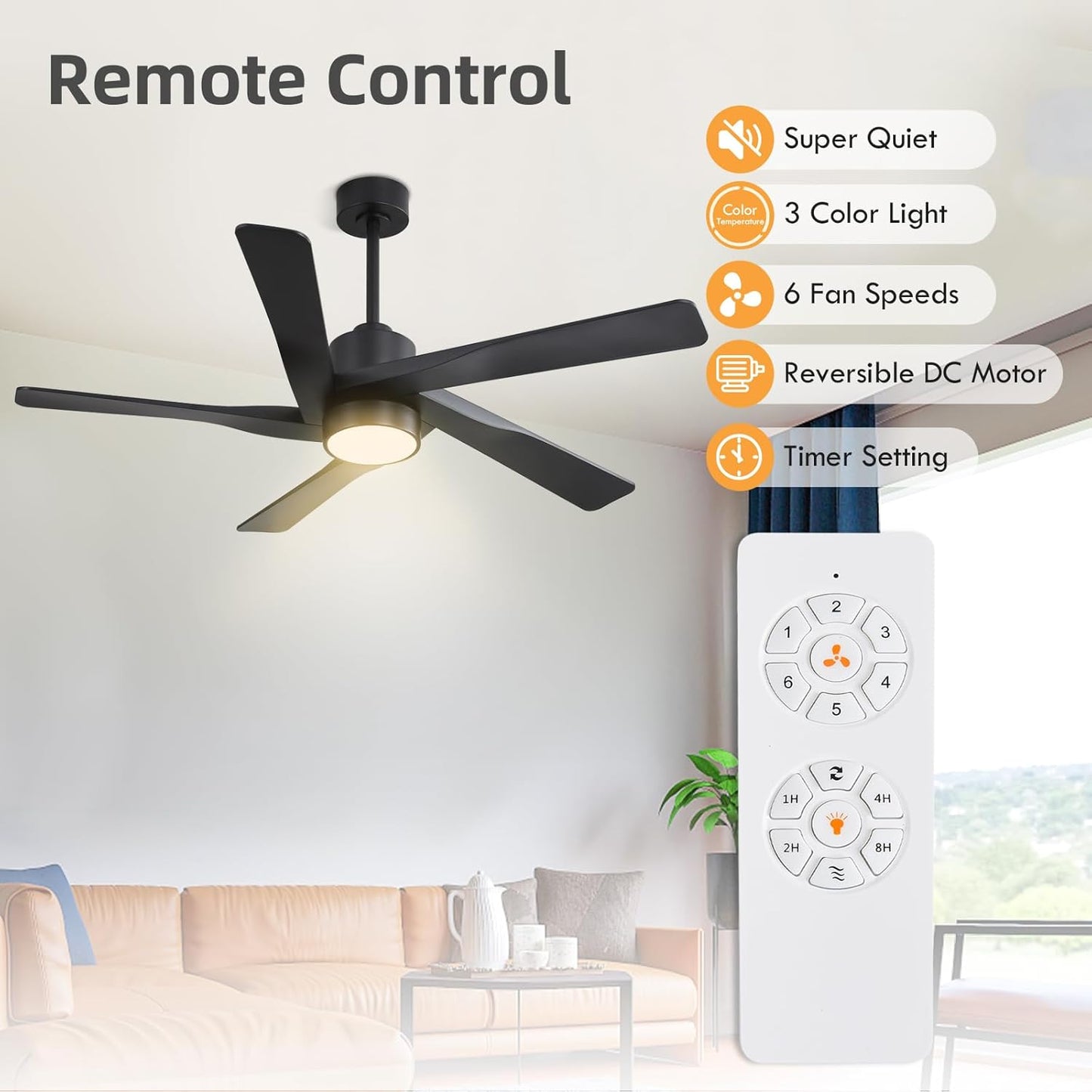 WINGBO 54' ABS DC Ceiling Fan with Lights, 5 Blade ABS Plastic Ceiling Fan with Remote, 6-Speed Reversible DC Motor, LED Ceiling Fan for Kitchen