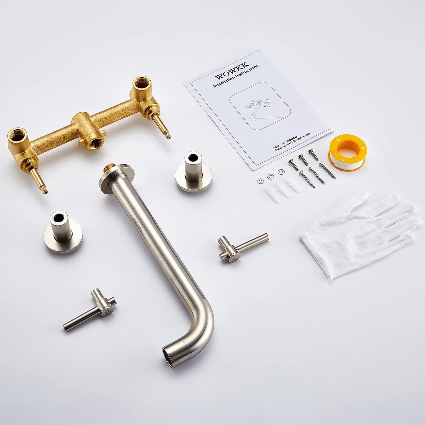 Wowkk Tub Filler Wall Mount Tub Faucet Brushed Nickel Brass Bathroom Bathtub Faucets with 2 Handles (Brushed Nickel)