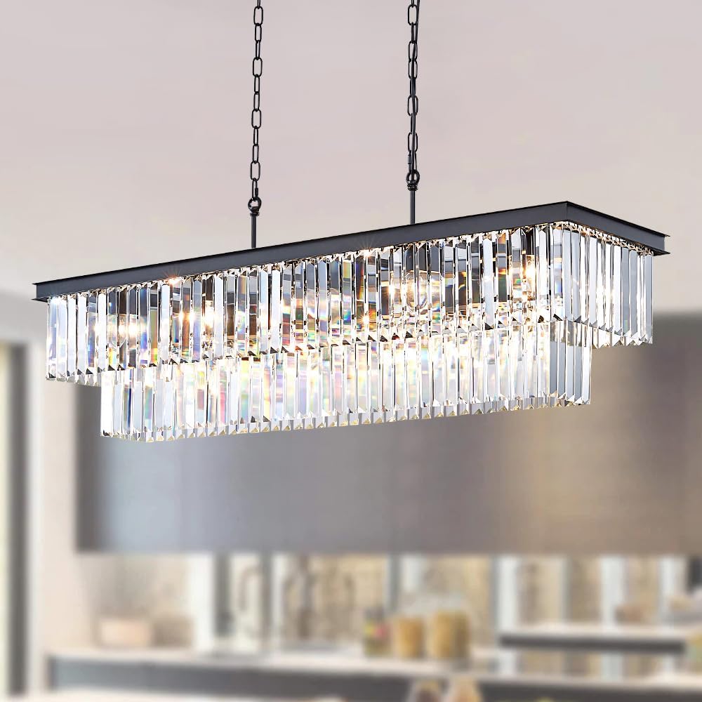 LIZZTREE Modern Black Crystal Chandelier Lighting - L59 Inch, 17 Lights Rectangle Ceiling Hanging Chandelier, Pendant Light for Dining Room, Kitchen