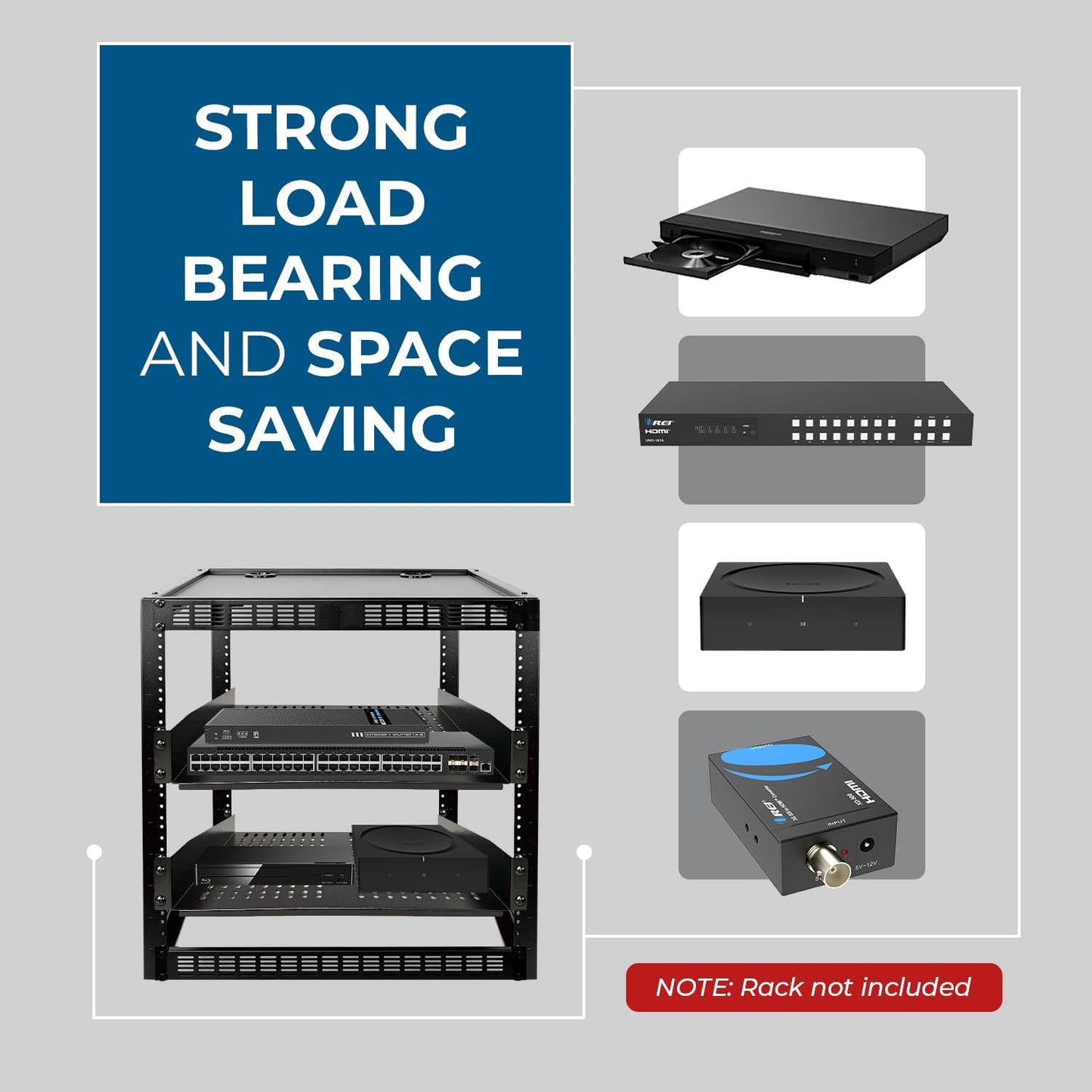 OREI 2U Rack Shelf 19" Universal Vented Mount Rack – Heavy-Duty Steel Server Rack Shelf for IT, Network & AV Equipment, 22kg Capacity, EIA-310C Compliant (4-Pack) 4 Pack