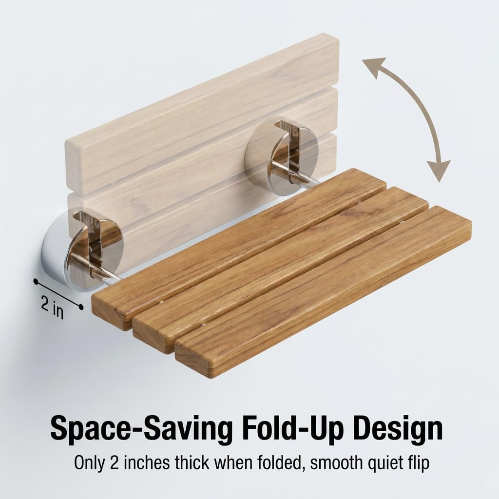Wall Mount Folding Shower Seat, Teak Wood, 400lb Capacity, Stainless Steel