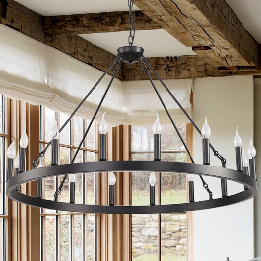 Black Wagon Wheel Chandelier Farmhouse, Round Rustic Wagon Wheel Light Fixture for Dining Room,16-Light Large Industrial Wagon Wheel Light for Living