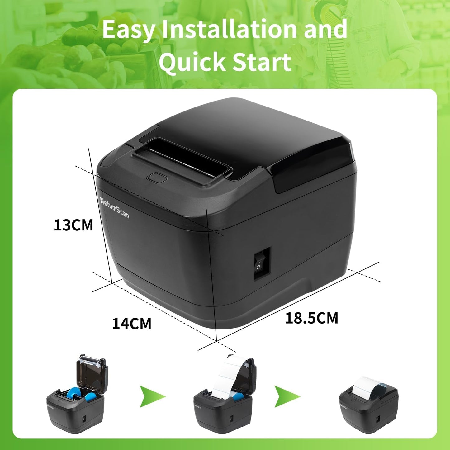 NetumScan Thermal Receipt Printer, 80mm USB POS Printer with Auto Cutter Cash Drawer, USB Serial Ethernet Interface Support Windows/Mac/Linux,