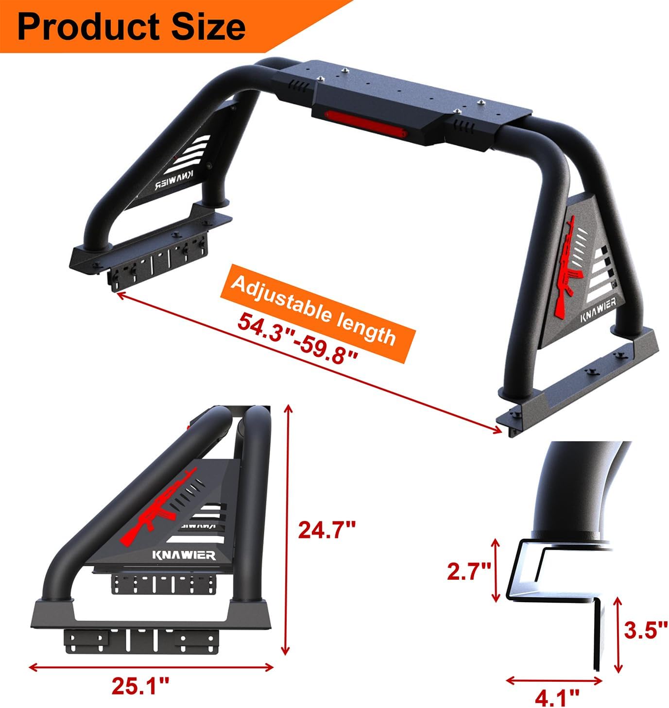 Roll Bar for Mid Size Pickup Truck, Adjustable Chase Rack Sport Bar Compatible with Tacoma/Gladiator/Frontier/Canyon/Ranger/Colorado,Light Mounts