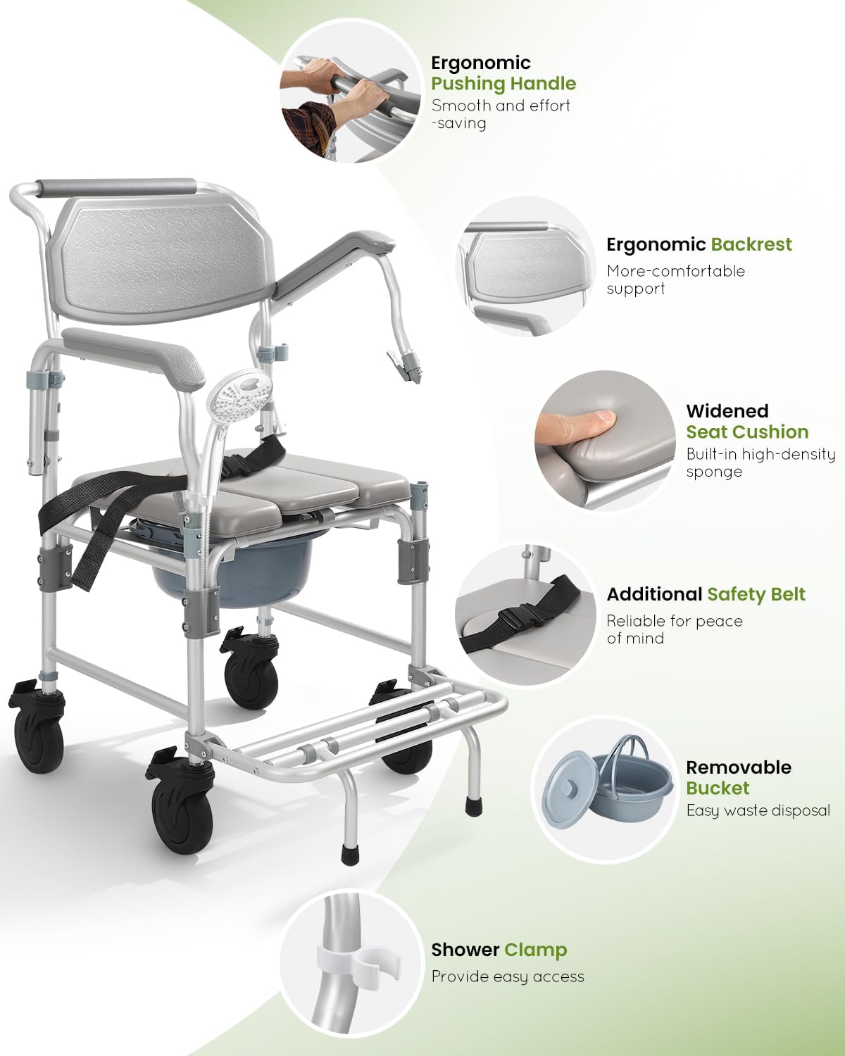 Shower Chair with Wheels & Commode for Elderly and Disabled | 330 lbs heavy-duty aluminum rolling bath chair, flip-up armrest for easy transfer, includes 5" enlarged casters & safety belt
