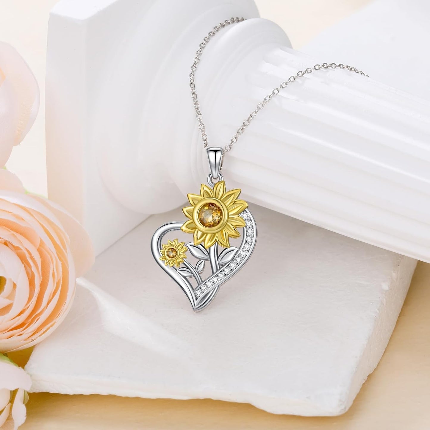 S925 Silver Sunflower Necklace for Women, 0.63ct.tw. Citrine with 0.16cttw. Lab Grown Diamonds Heart Necklace Sterling Silver for Girl Mom Ladies