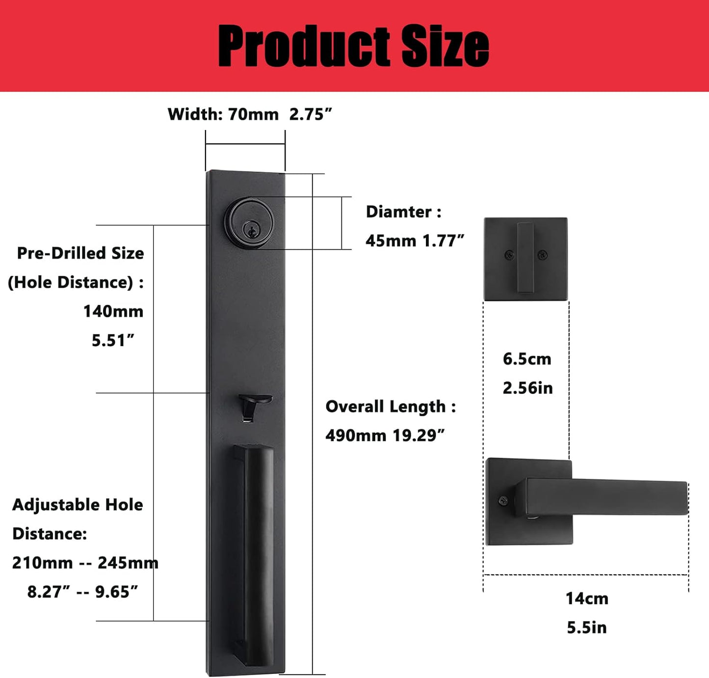 Virego Double Door Handle Set with Dummy, Iron Black Full Escutcheon Double Front Door Handle Set with Key, Heavy Duty Square Door Lever and Single