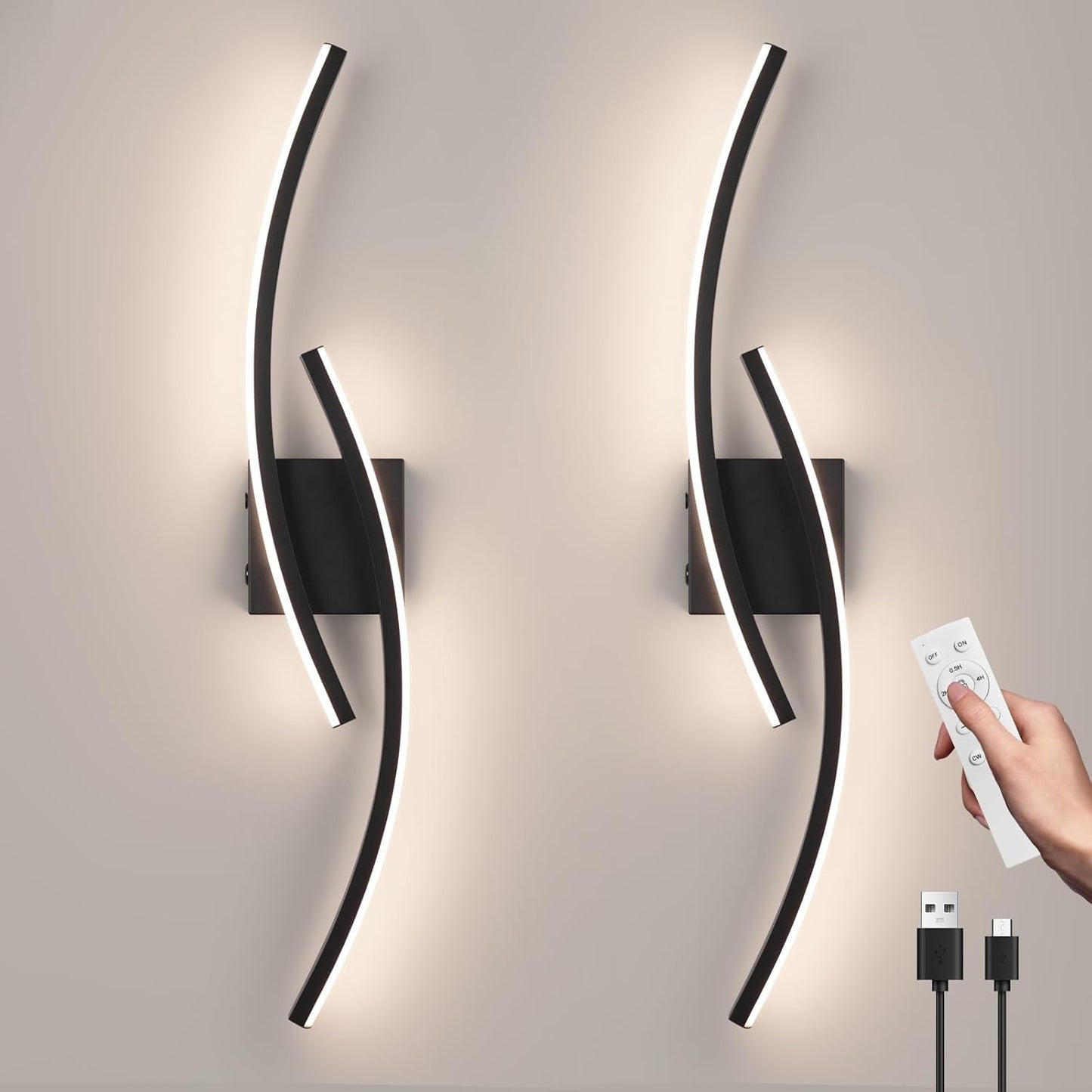 Sovinzert Battery Operated Wall Sconce Set of 2,Black Wall Sconces with Remote Control,3000K-6000K Modern LED Wireless Wall Light for Living Room,