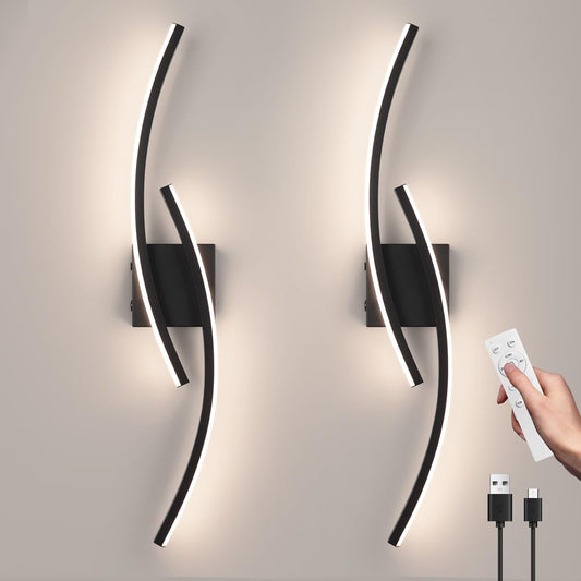 Sovinzert Battery Operated Wall Sconce Set of 2,Black Wall Sconces with Remote Control,3000K-6000K Modern LED Wireless Wall Light for Living Room,