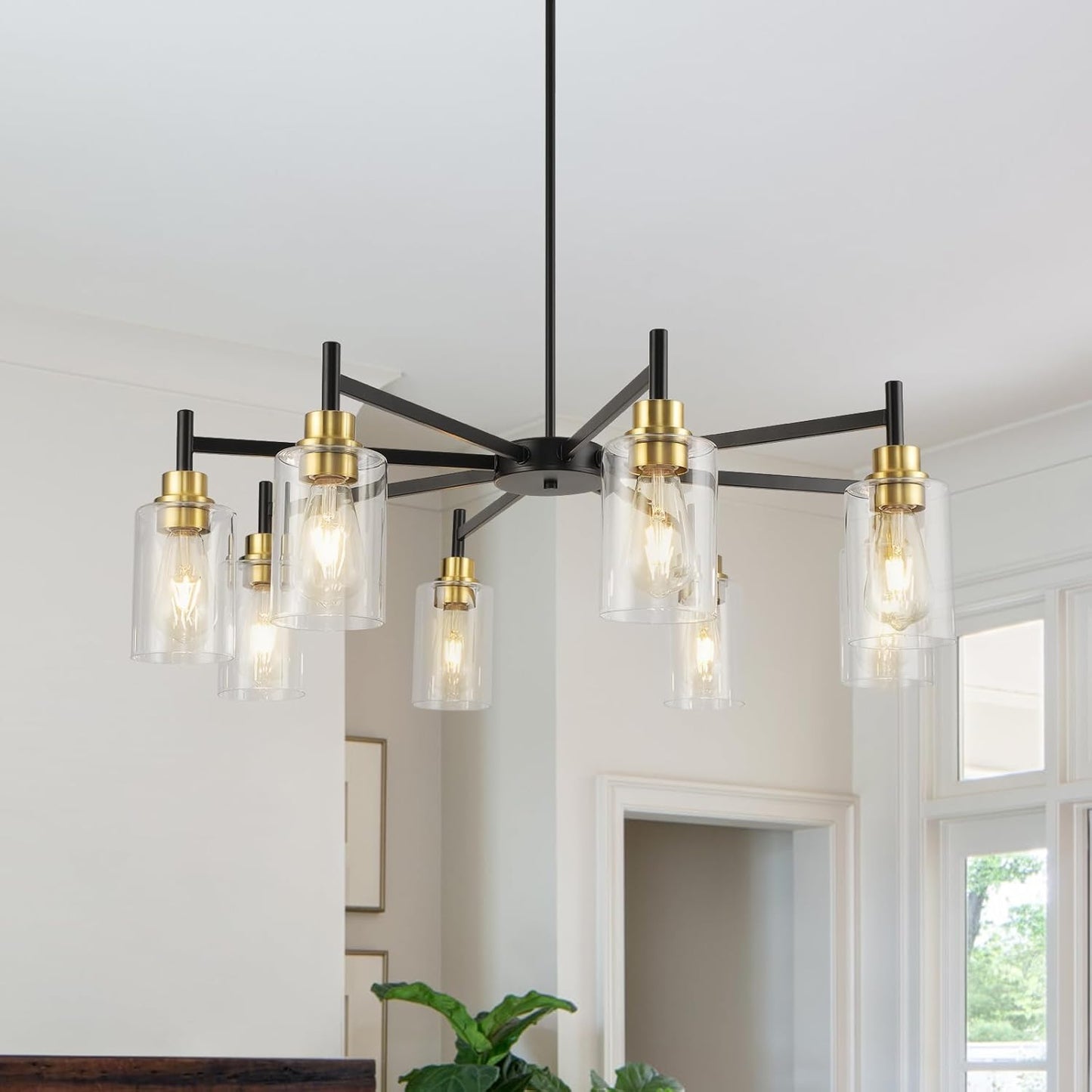 Black Chandelier for Dining Room, Farmhouse Chandelier Light Fixture with Clear Glass Shade 8 Light Industrial Pendant Lights