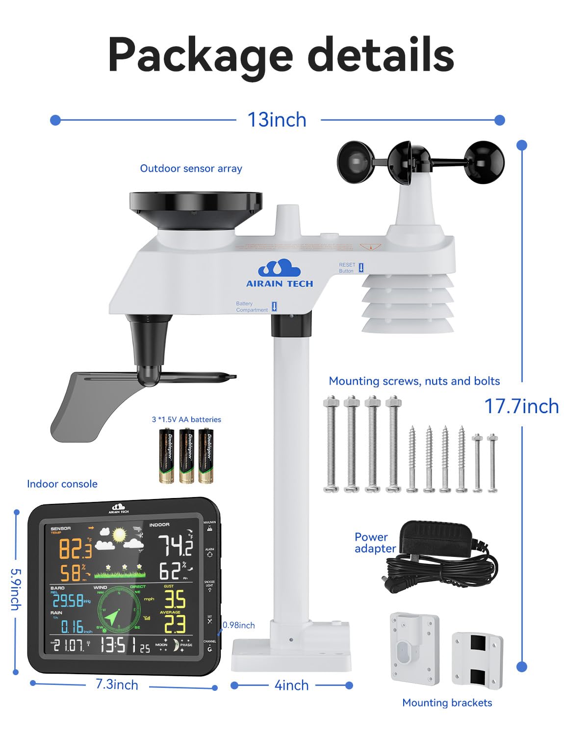 Wireless Weather Station – with Outdoor Sensor, Rain Gauge, Wind Speed/Direction, Moon Phase, Barometer, Indoor/Outdoor Temp & Humidity, Weather Forecast (No WiFi)