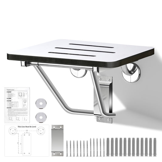 18" Foldable Wall Mounted Fold Down Shower Seat, ADA Compliant Folding Shower Bench with Phenolic Resin Surface No Peeling No Cracking, Triangular Stainless Steel Frame, 420lbs Capacit