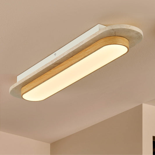 23.6 inch Wabi Sabi Travertine Ceiling Light Fixture, Natural Stone Linear Ceiling Lamp with Wood Grain Metal Frame, 3000K LED Travertine Stone Flush Mount Light for Hallway, Entrance, Corridor
