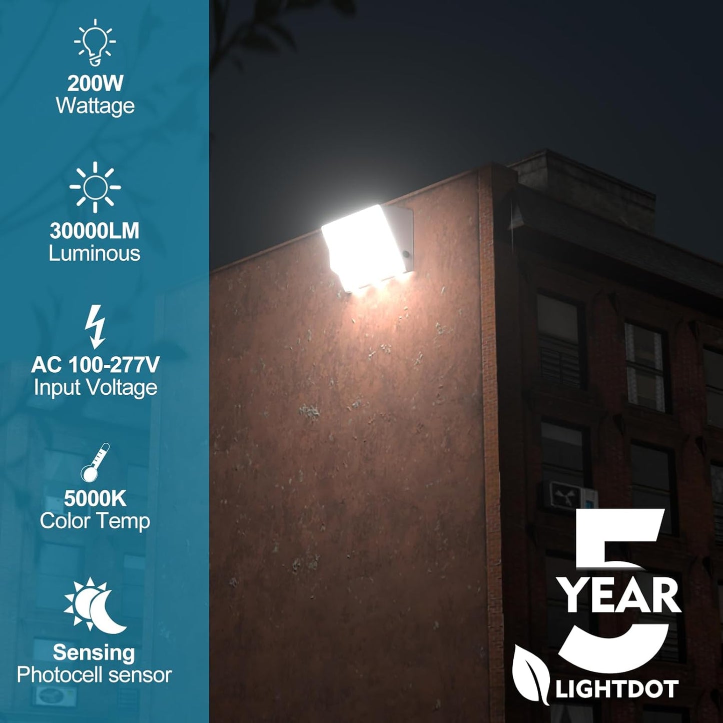 Lightdot 4Pack 200W LED Wall Pack Lights, 100-277v Dusk to Dawn with Photocell, White, 30000Lm(150Lm/W) 5000K IP65 Outdoor Exterior Lighting for Warehouse, Building,Yard,Factory,Garage, White(Height:15~30ft)