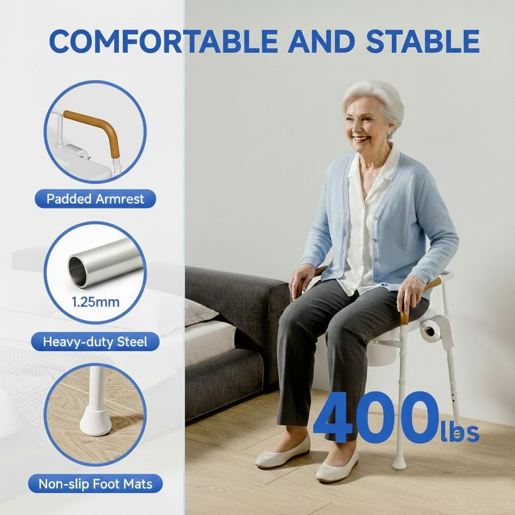 3-in-1 Bedside Commode Chair for Seniors, 400 lbs Heavy Duty Iron Commode Toilet with Padded Seat & Arms, Portable Toilet for Seniors & Adults, Height Adjustable, Bucket, Splash Guard