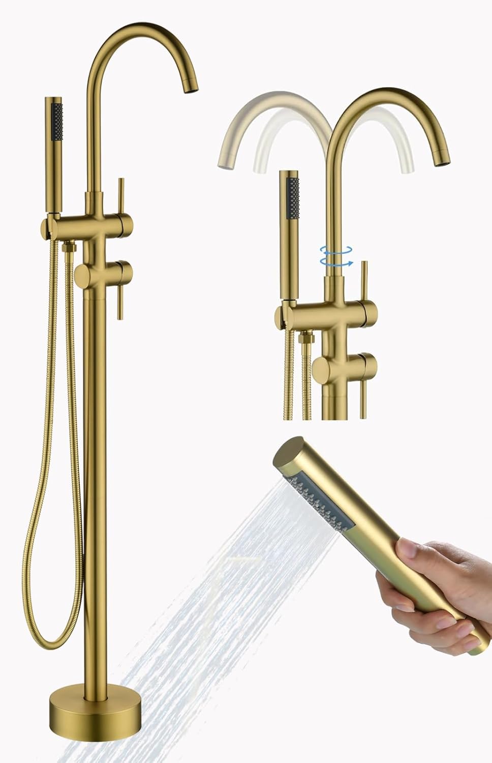 Freestanding Tub Faucets Gold Freestanding Tub Filler Freestanding Bathtub Faucet Floor Mount Bathroom Faucet with Hand Shower Sprayer Freestanding