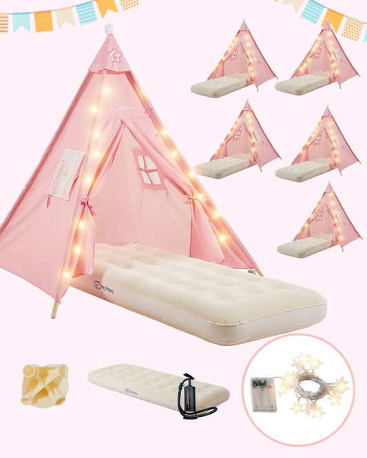 6 Pack Teepee Tent for Kids Slumber Party Sleepover Tents for Girls Party with Inflatable Airbed String Light Pump Supplies Age 6 7 8 9 10 11 12+