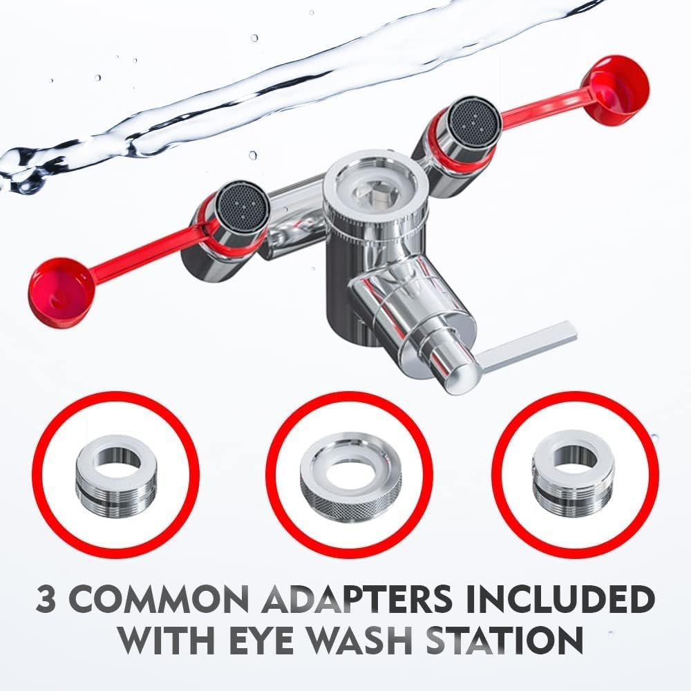 Skywin Faucet Mounted Emergency Eyewash Station with Ball Lock Safety Lever, Adjustable Dual Nozzles, Brass Body, 3 Faucet Adapters, Fits Standard Faucets, Emergency Eye Rinse Kit for Home or Lab Use