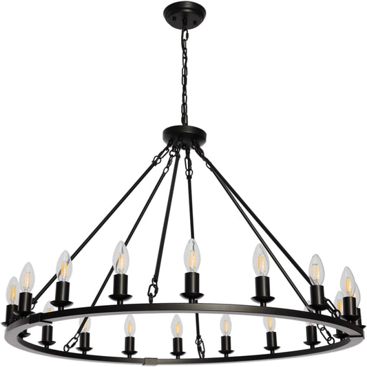 Wagon Wheel Chandelier 36 inch Modern Farmhouse Ceiling Light Fixtures for Dining Room Living Room Hallway Entryway Foyer, 18 Lights, Black