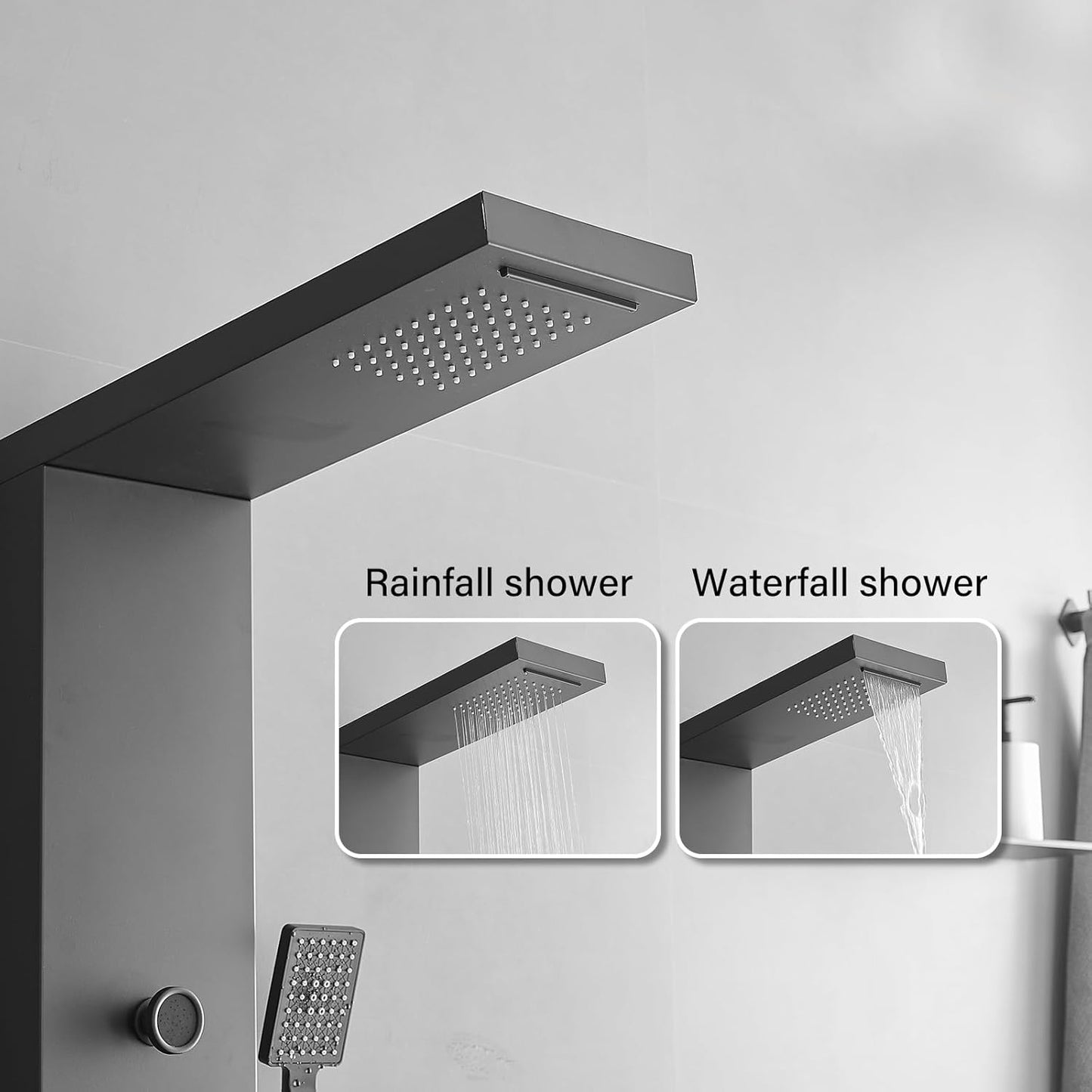 5 IN 1 Rainfall Waterfall Shower Panel with Handheld Shower Matte Black Stainless Steel Shower Tower Panel System Massage Body Jets with Tub Spout