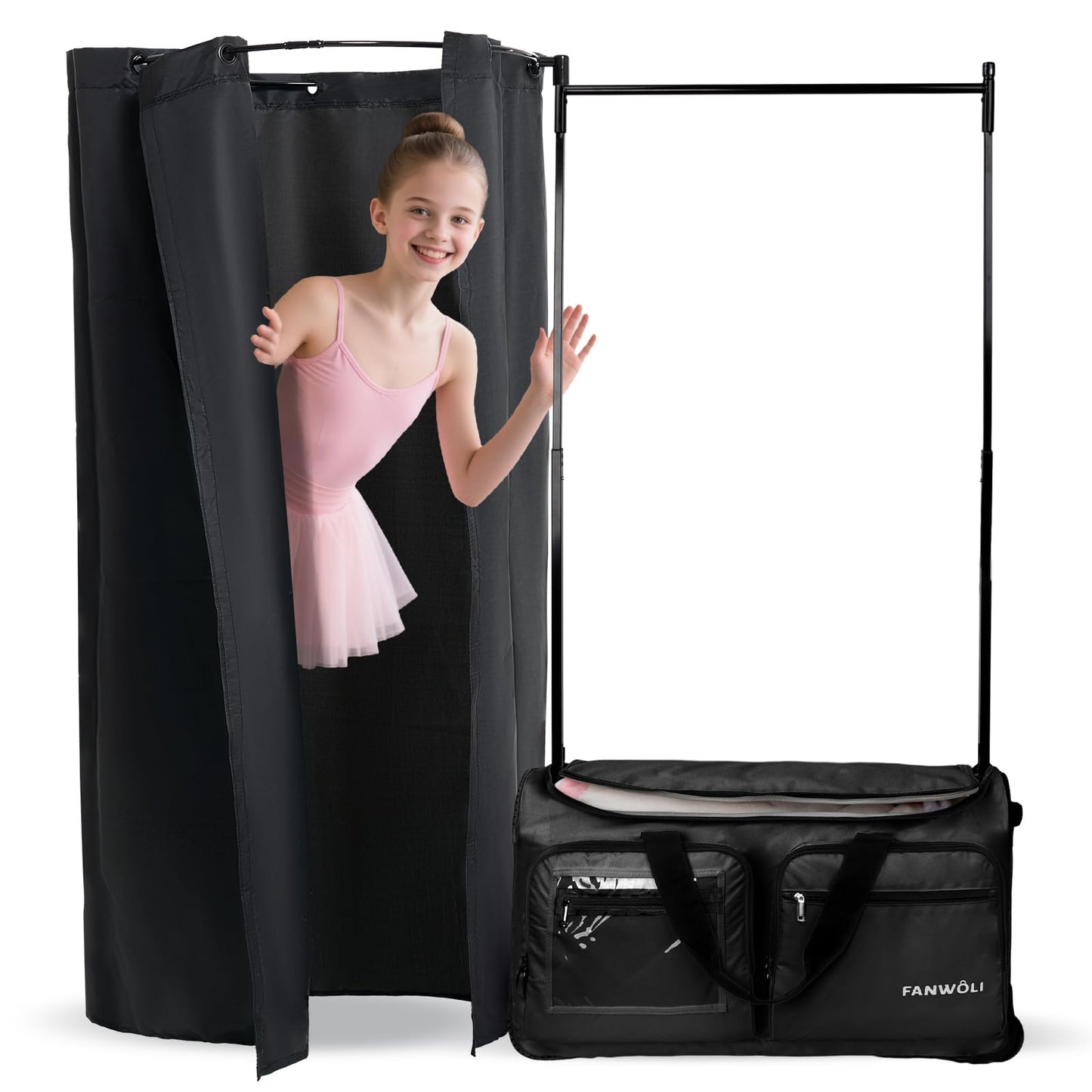 Fanwoli 23" Dance Bag with Rack and Dressing Room | Ultra-Light Collection | 360 Privacy Curtain | Ideal Competition Duffle Bag for Dancer Cheerleader Little Princess (Including Curtain) Black 23-Inch