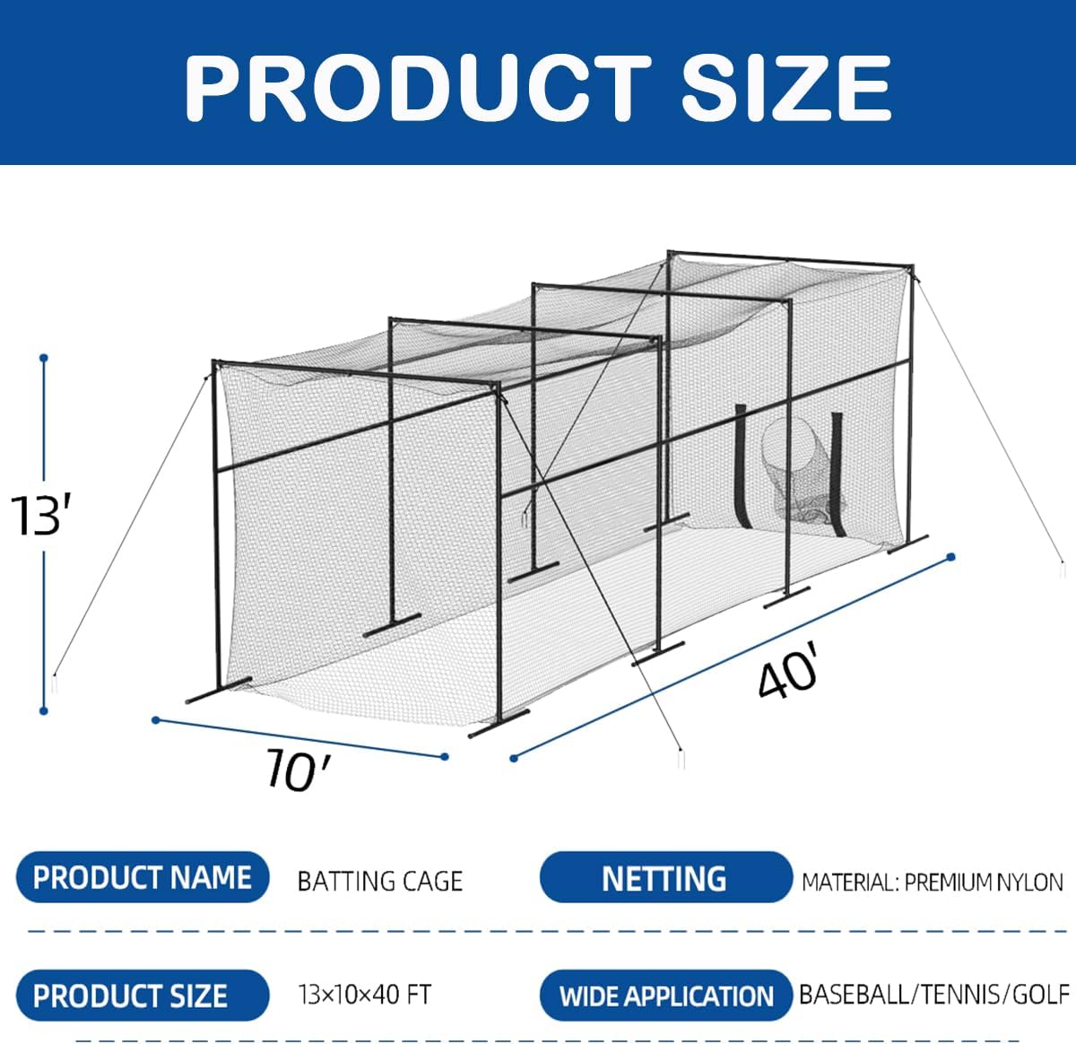 40FT Batting Cage, Baseball Softball Hitting Cage Net and Frame, Heavy Duty Baseball Softball Training Equipment, Framed Batting Cage Complete