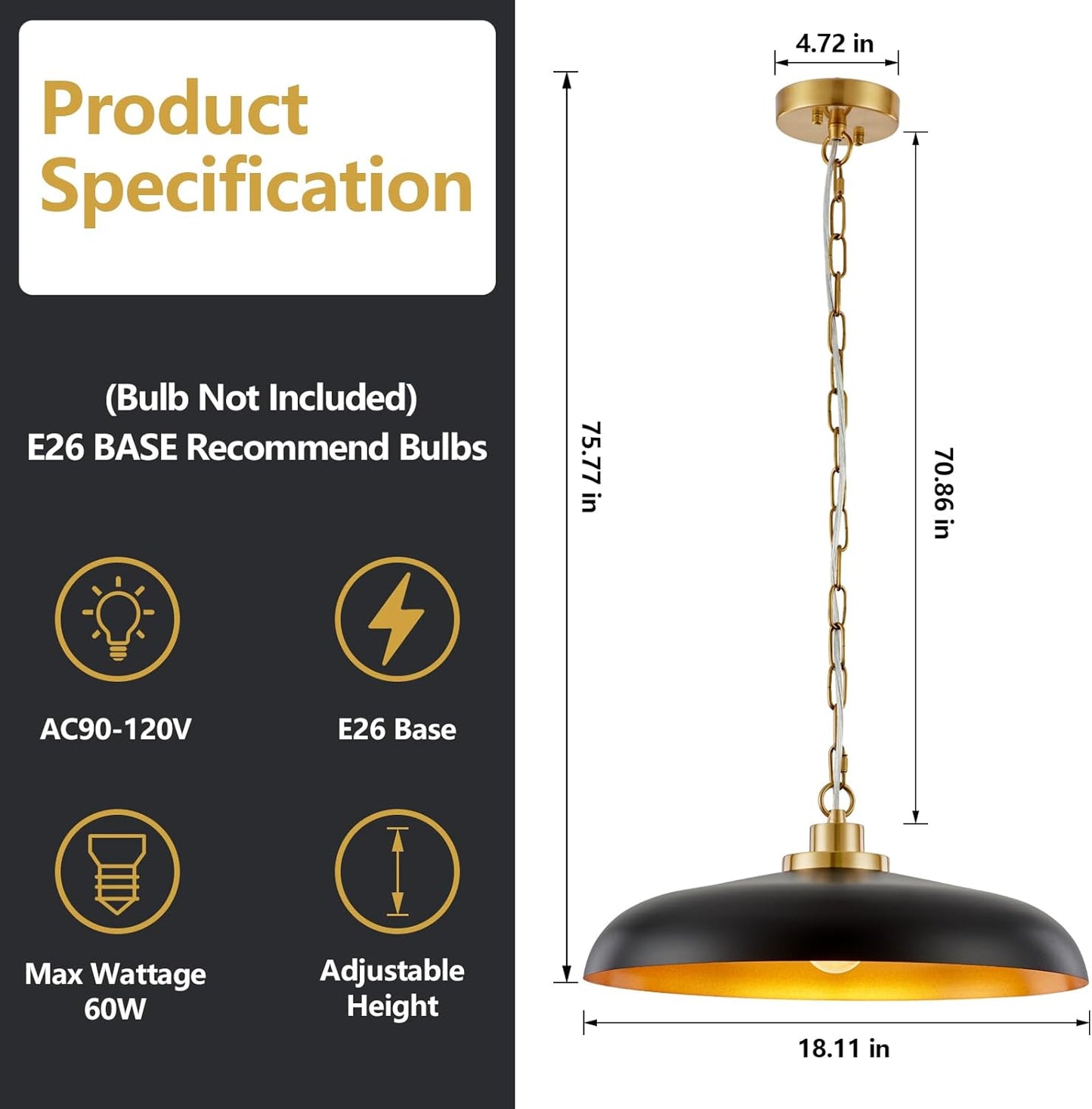 NZZDYI Large Black and Gold Pendant Lighting 18.1inch Farmhouse Pendant Light Fixtures for Kitchen Industrial Modern Pendant Lights Dining Room