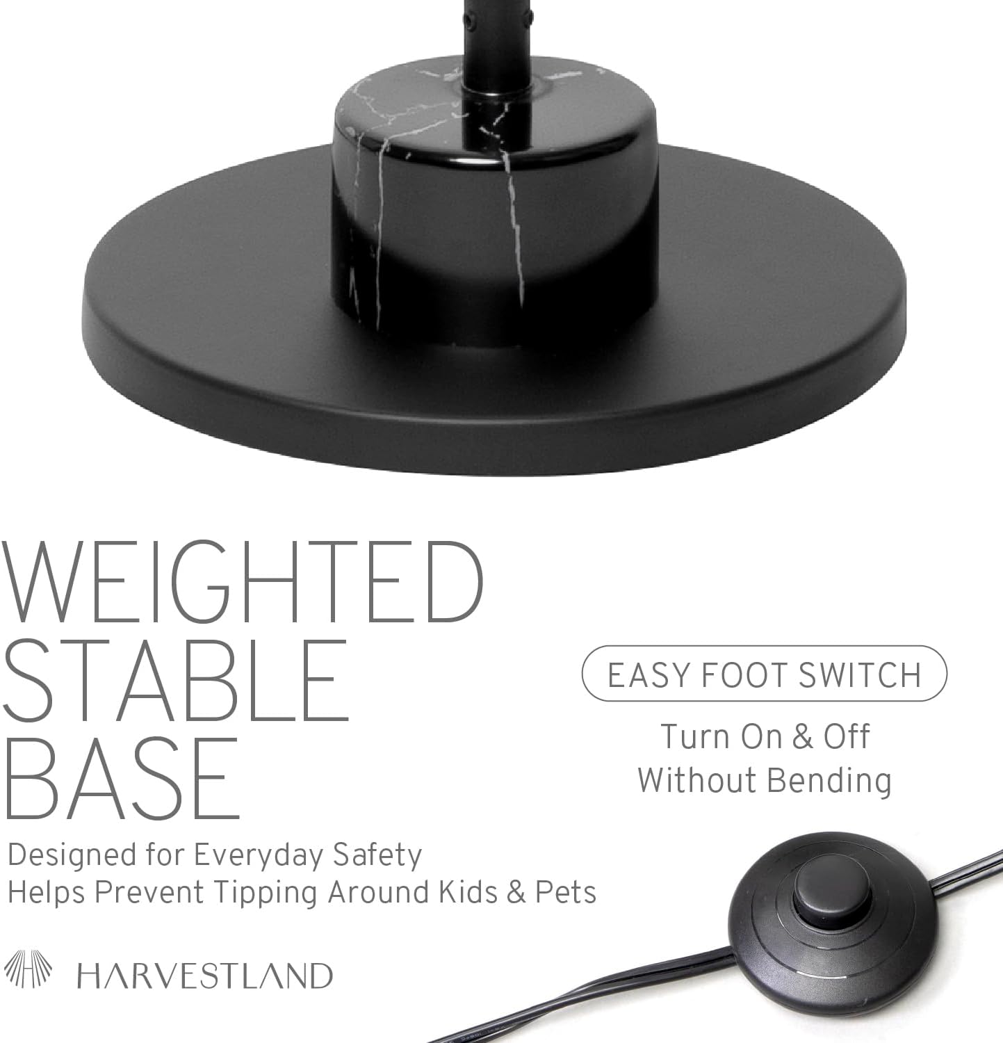 HarvestLand Black Brass Kindle Reading Lamp, Marble-Effect, Adjustable Head | 58'' Standing Reading Lamp, Marble-Look Base, 12W Warm LED Lamp, CRI≥80, LED lamp for Living Room, Bedroom, Office, Reading