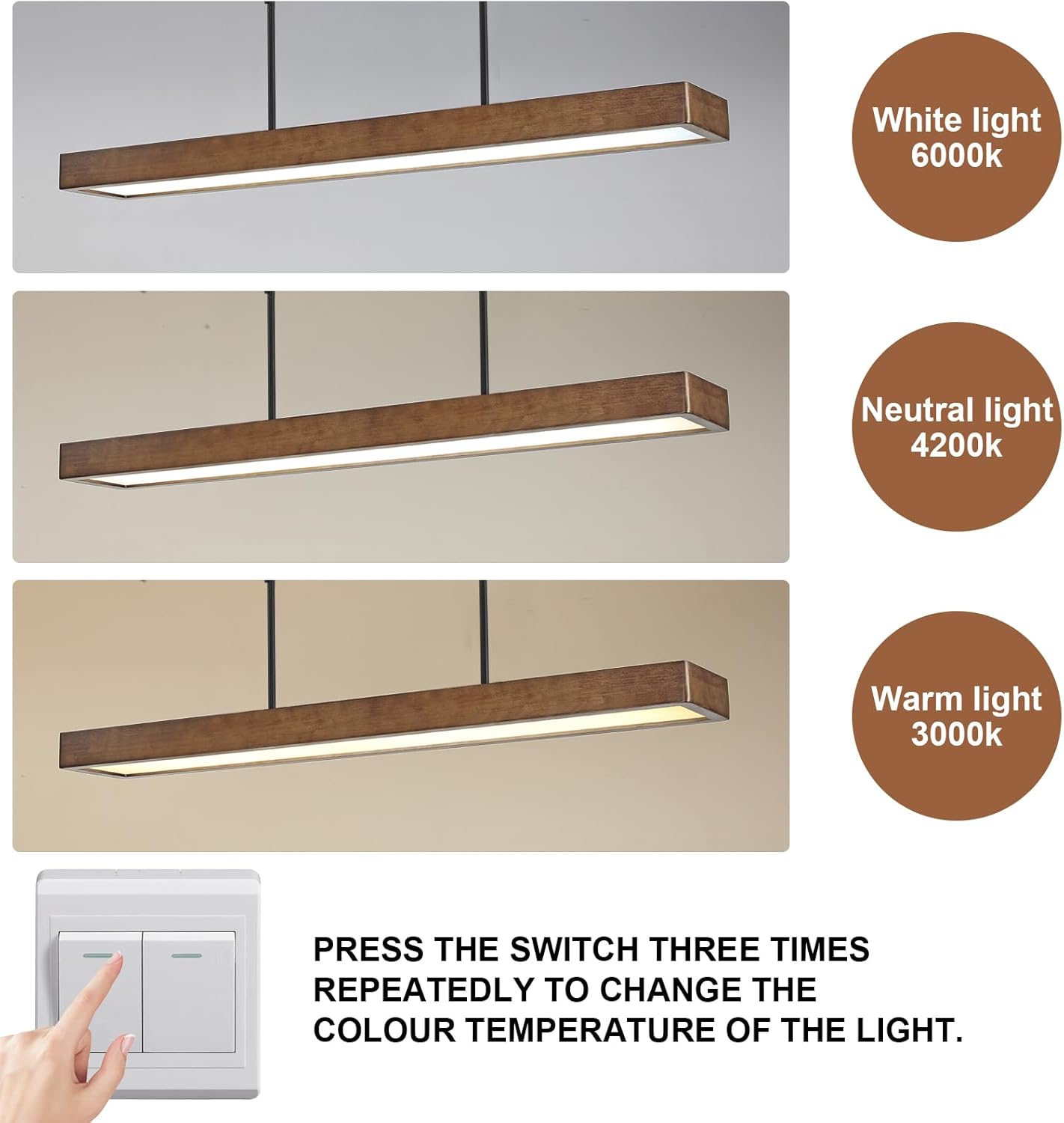 CmnVmn 39.3&#34; Dimmable Wooden Linear Pendant Lighting Island Lights,LED48W Adjustable Color temperature6000K 4200K 3000K for Dining Room Bar