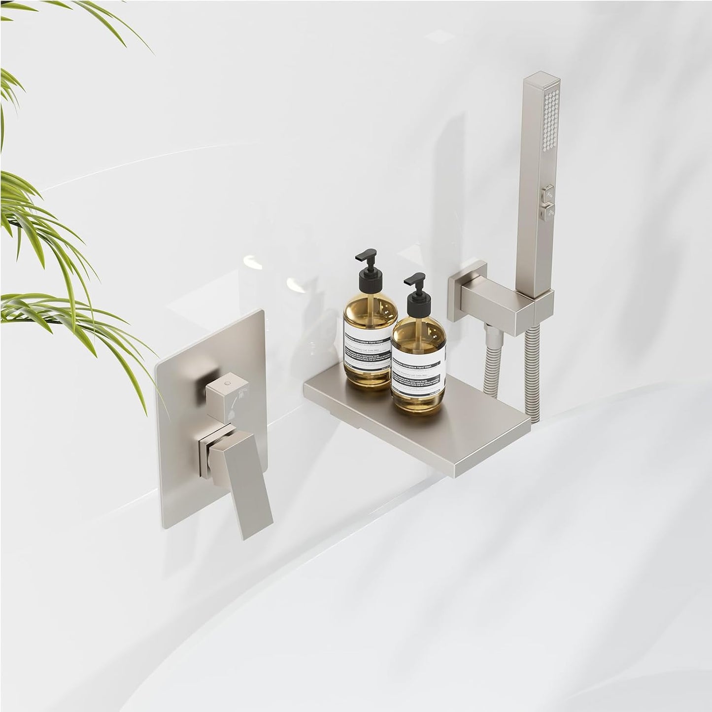 Wall Mount Tub Faucets with Waterfall Tub Spout, Wall Mounted Bathtub Faucet with Handheld Sprayer Bathroom Tub Filler Shower Bathtub Faucet Set, Tub Faucet Sets Rough-in Valve, Brushed Nickel