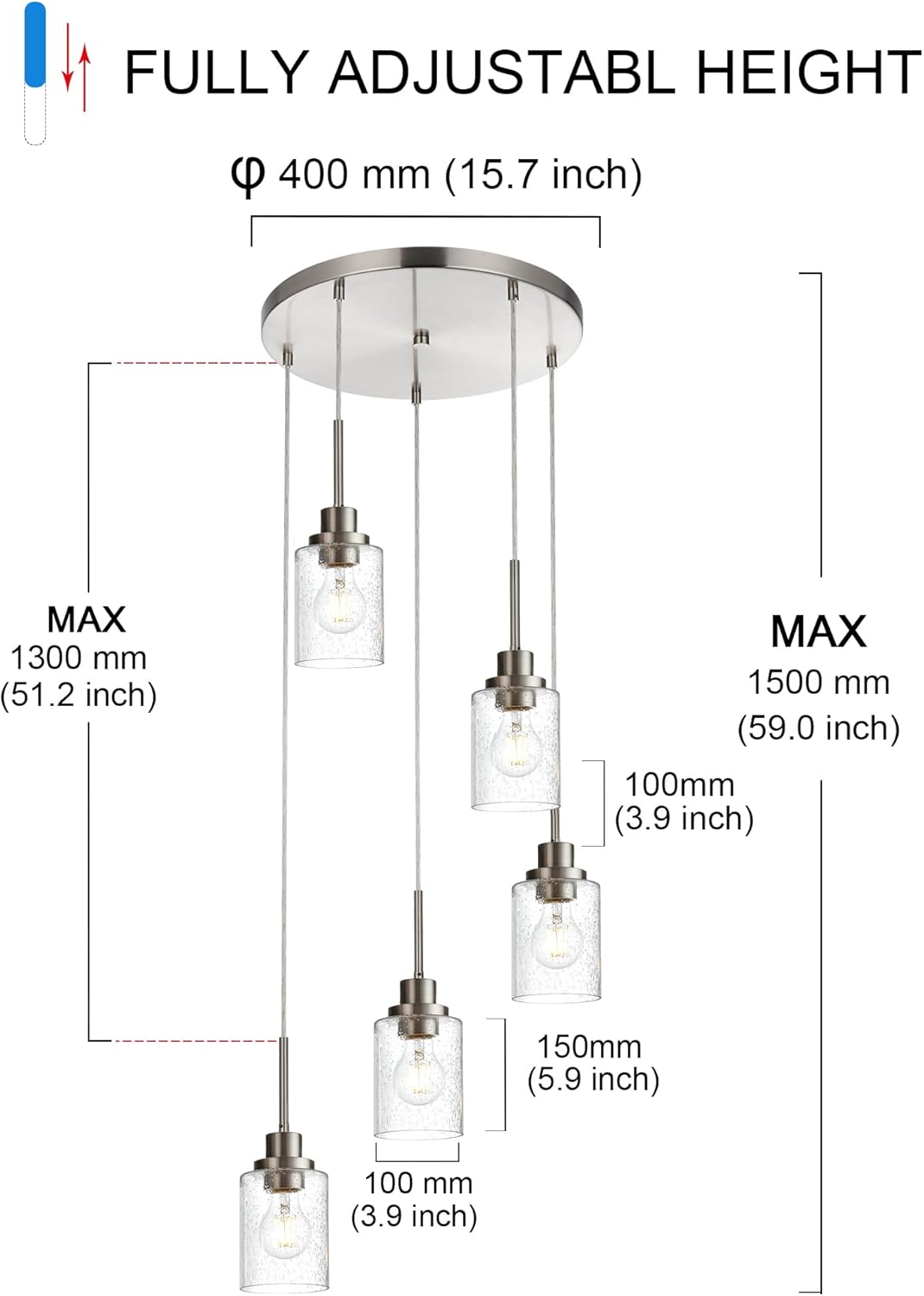 5 Light Farmhouse Pendant Lighting for Kitchen Island,Brushed Nickel Dining Room Cluster Pendant Light Fixtures Hanging Ceiling with Seeded