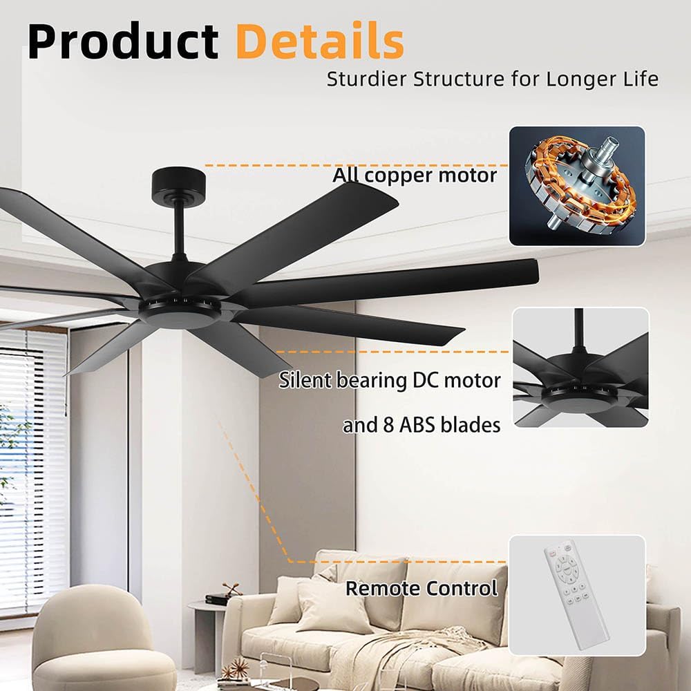 72 inch Large Ceiling Fans No light,Industrial Ceiling Fan with 8 Blades(ABS),Reversible DC Motor,Quiet Ceiling Fans with Remote control,3 Downro