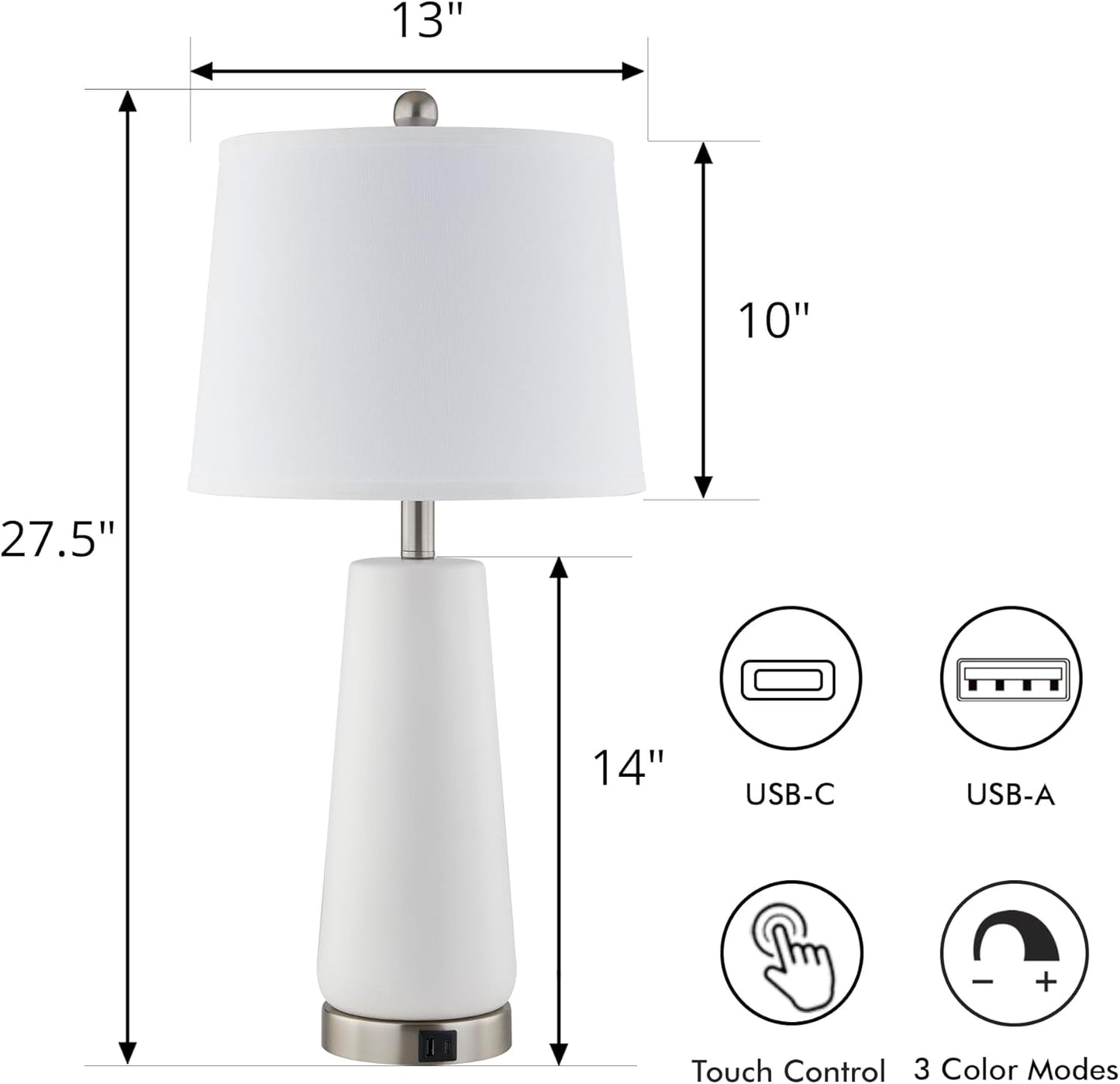 Bedside Lamps Set of 2 - Touch Control 27' Table Lamp for Bedroom 3 Way Dimmable Ceramic Nightstand Lamp with White Fabric Shade for Living Room,