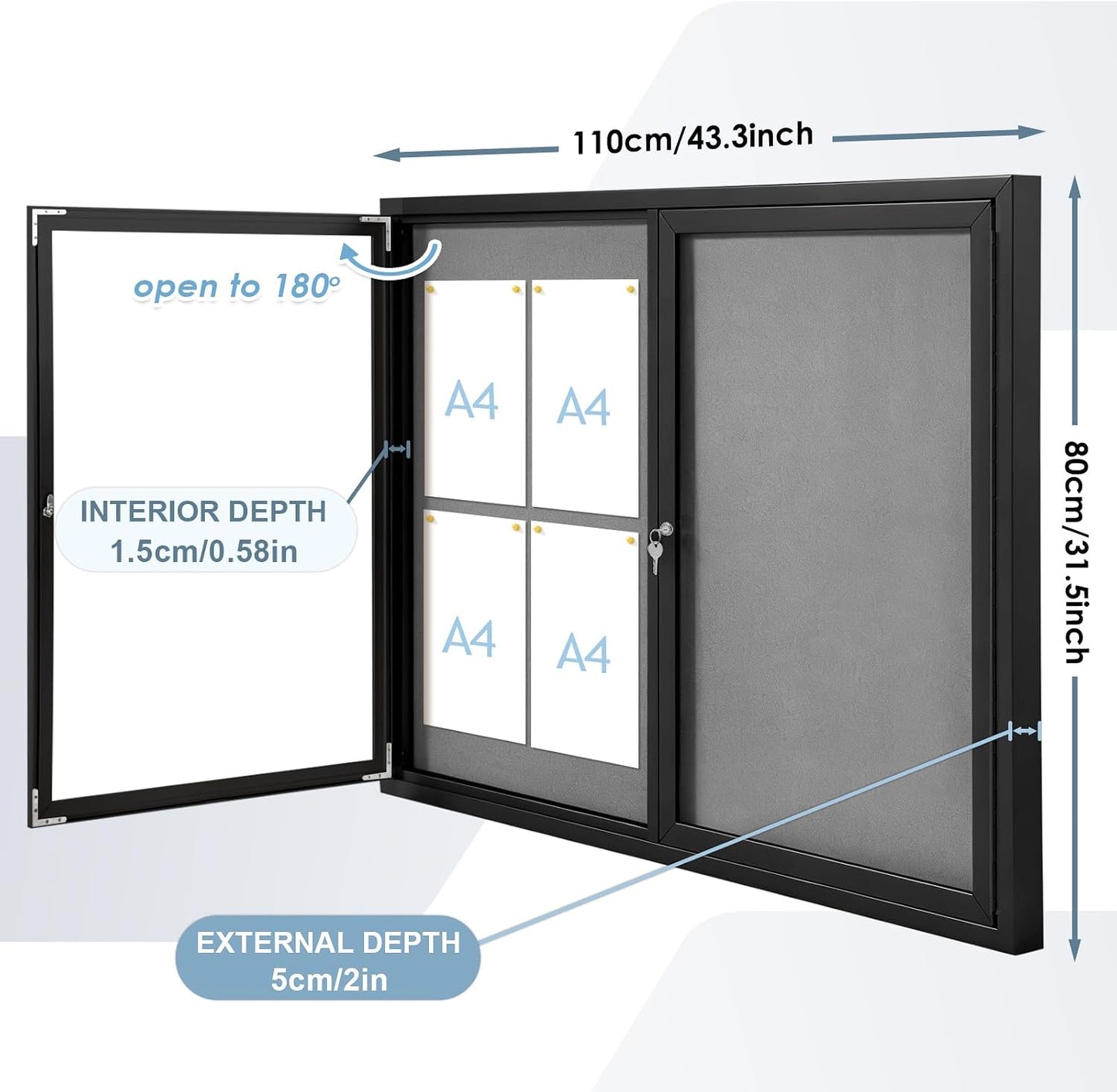 43x31 in Outdoor Bulletin Board Wall Display Case, Grey Felt | Weatherproof, Enclosed, Shatterproof, with Locking Door, Black Alu Frame, Notice Board for Office School Community Store Black-grey Felt 43" x 31"